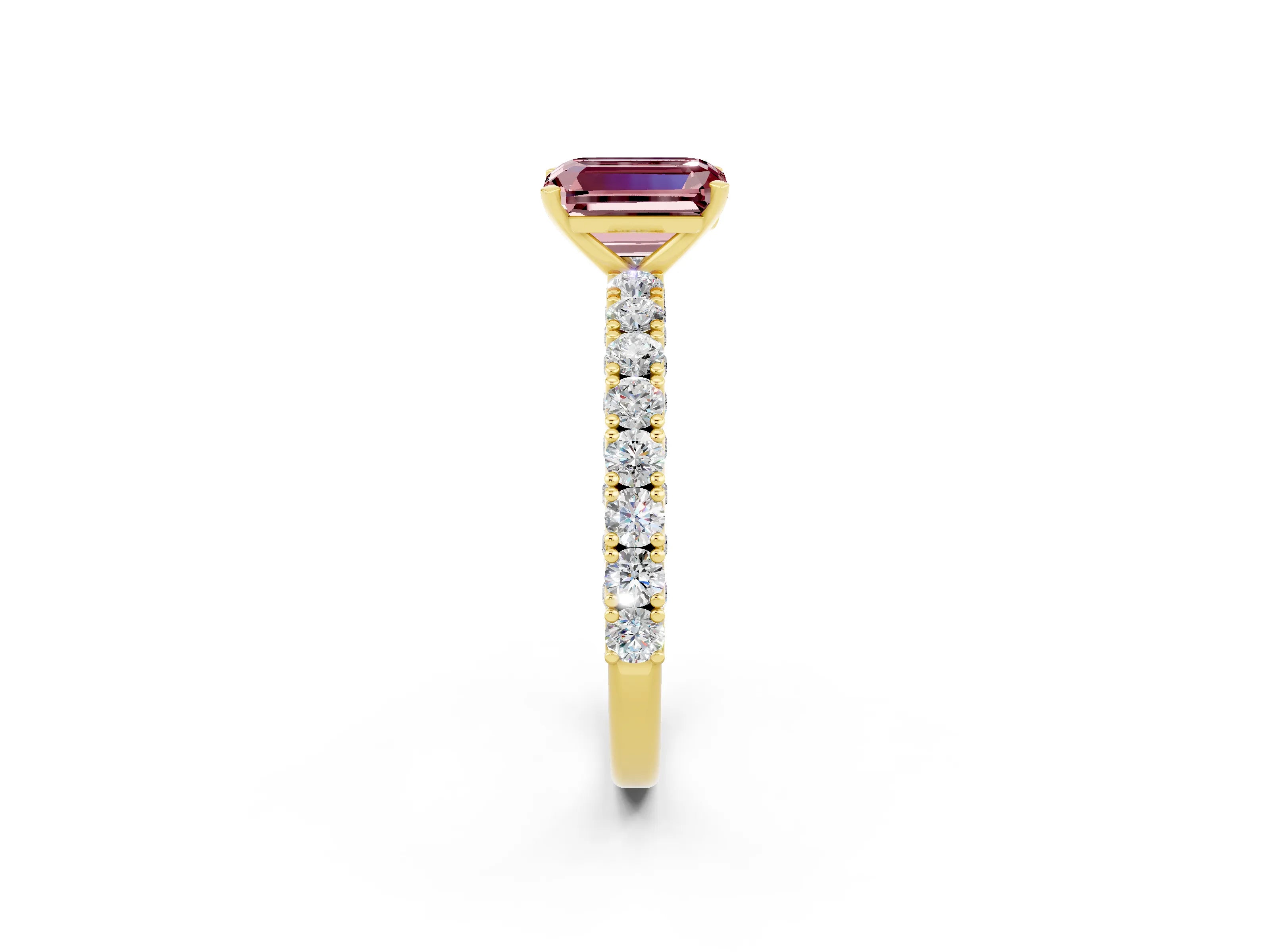 Yellow gold Emerald Cut Diamond Pavé Band Solitaire Ring with Prong Setting_2