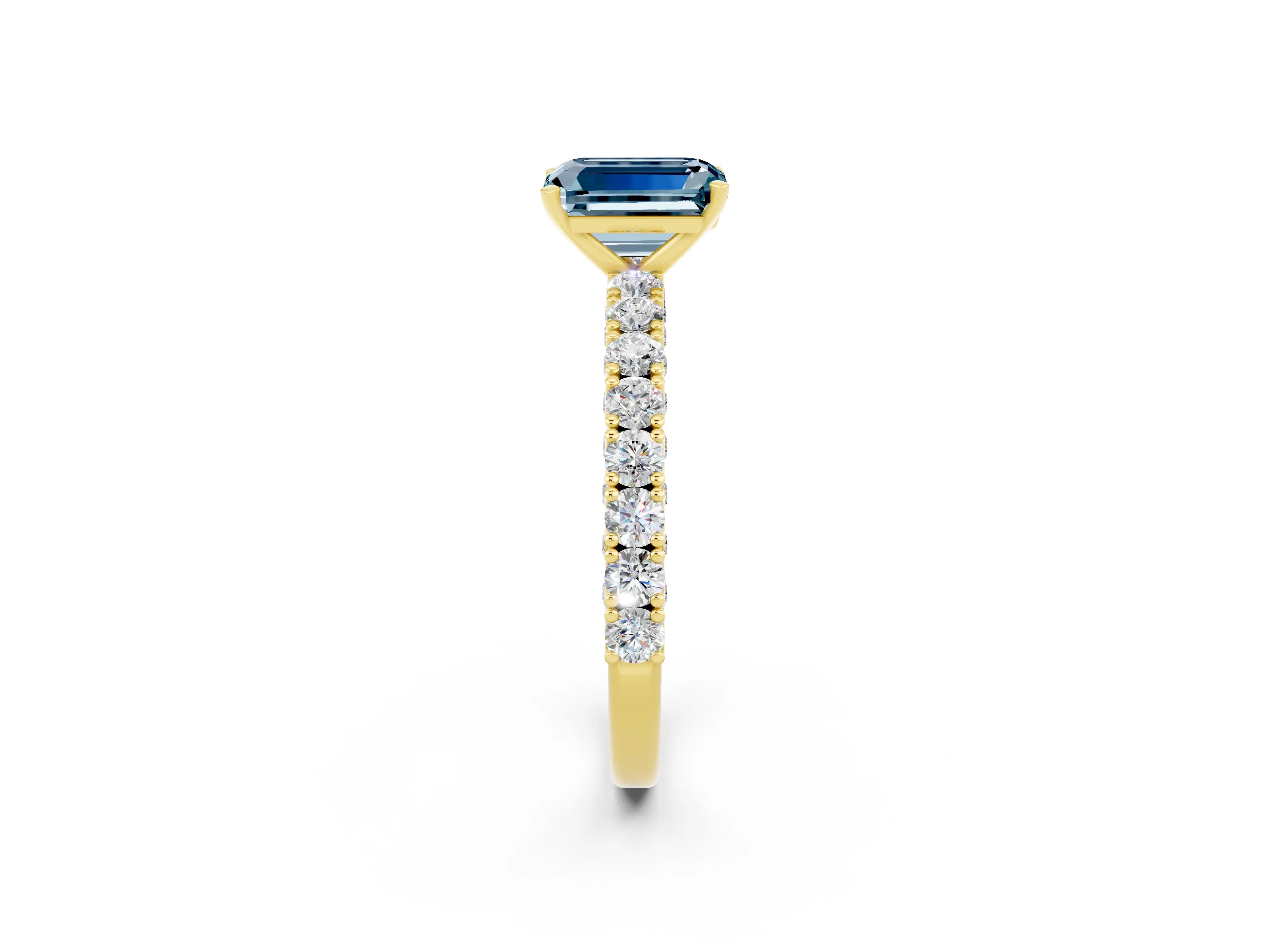 Yellow gold Emerald Cut Diamond Pavé Band Solitaire Ring with Prong Setting_2