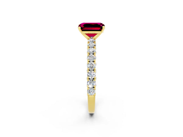 Yellow gold Emerald Cut Diamond Pavé Band Solitaire Ring with Prong Setting