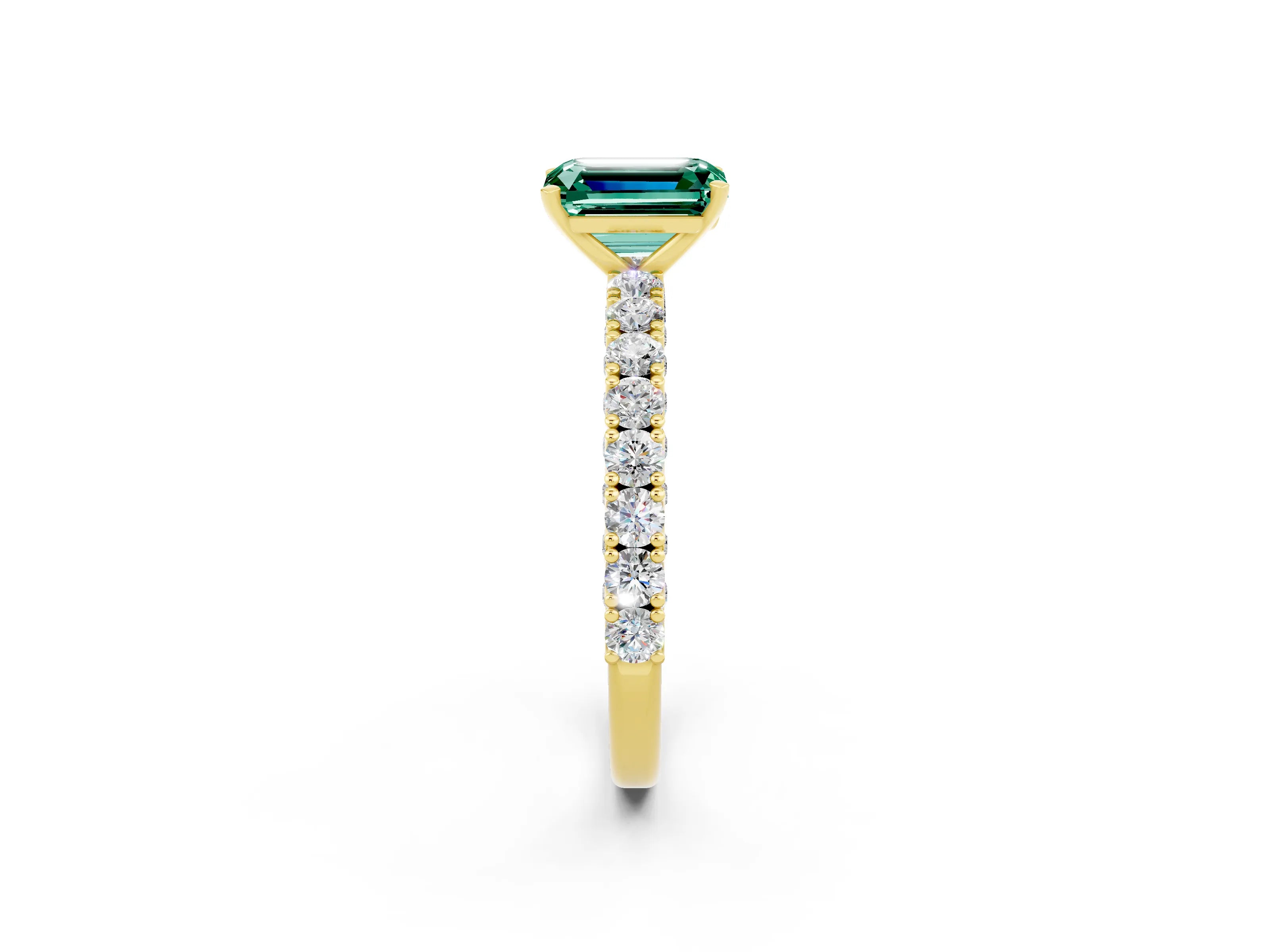 Yellow gold Emerald Cut Diamond Pavé Band Solitaire Ring with Prong Setting_2