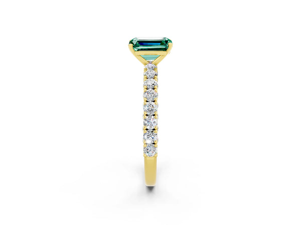 Yellow gold Emerald Cut Diamond Pavé Band Solitaire Ring with Prong Setting