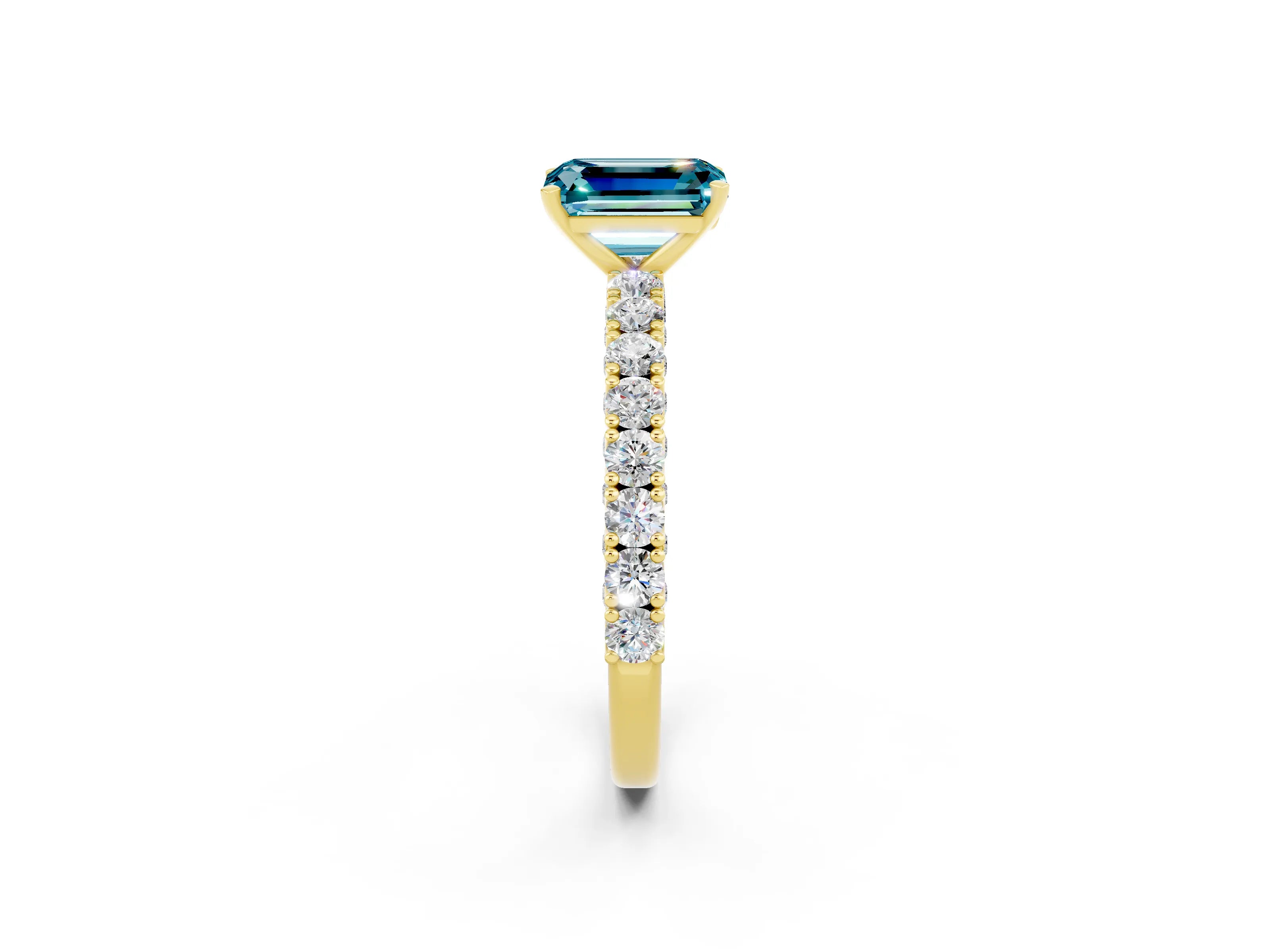 Yellow gold Emerald Cut Diamond Pavé Band Solitaire Ring with Prong Setting_2