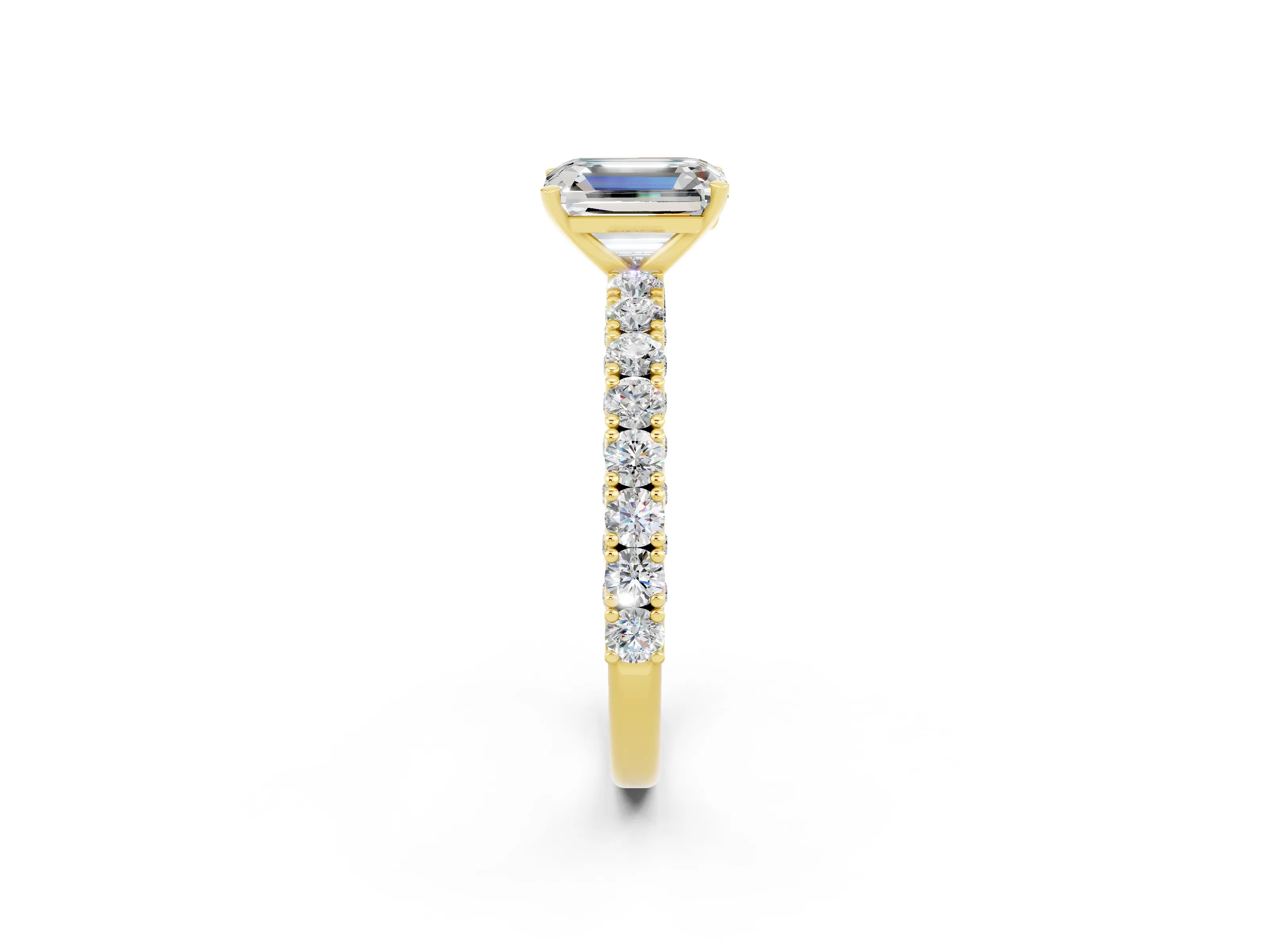 Yellow gold Emerald Cut Diamond Pavé Band Solitaire Ring with Prong Setting_2
