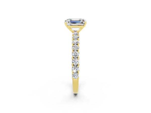 Yellow gold Emerald Cut Diamond Pavé Band Solitaire Ring with Prong Setting