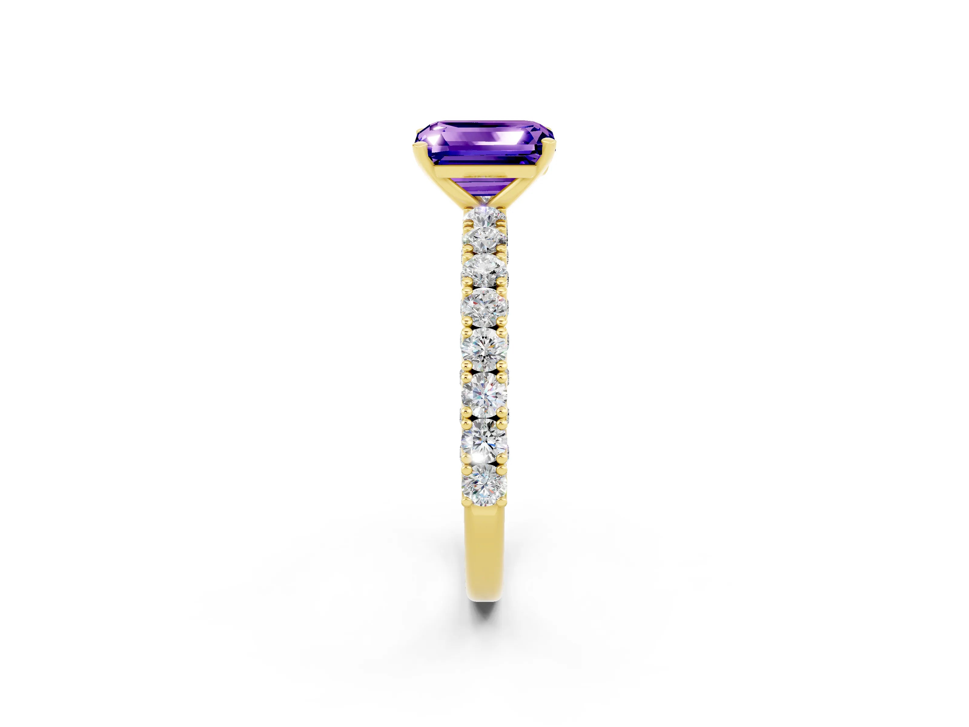 Yellow gold Emerald Cut Diamond Pavé Band Solitaire Ring with Prong Setting_2