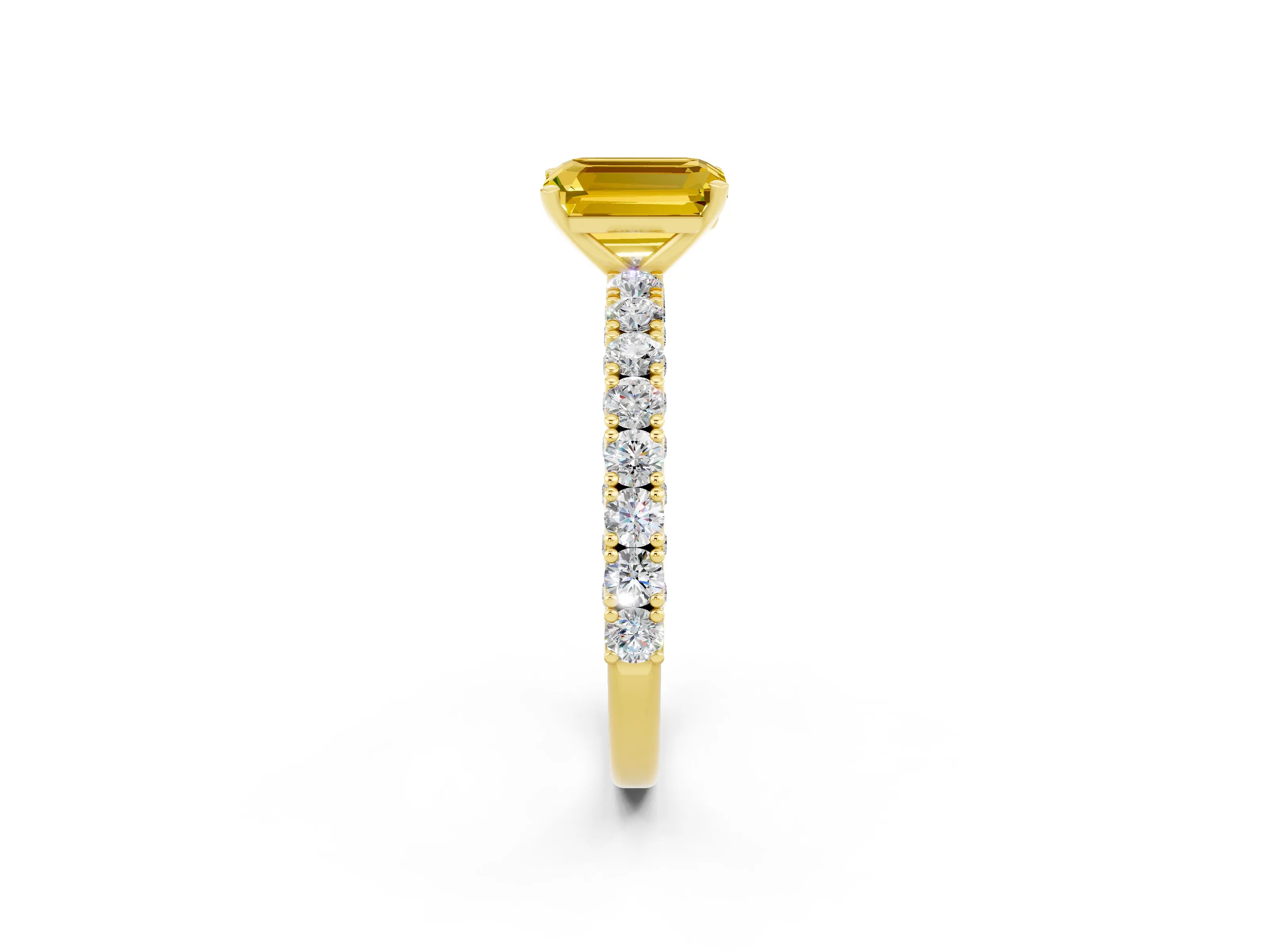 Yellow gold Emerald Cut Diamond Pavé Band Solitaire Ring with Prong Setting_2