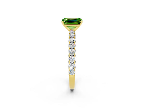 Yellow gold Emerald Cut Diamond Pavé Band Solitaire Ring with Prong Setting