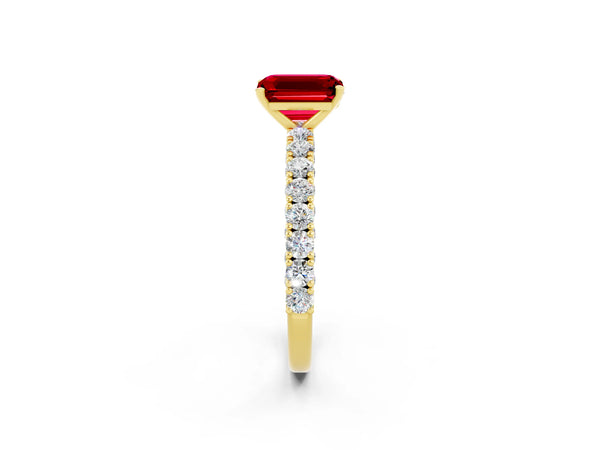 Yellow gold Emerald Cut Diamond Pavé Band Solitaire Ring with Prong Setting