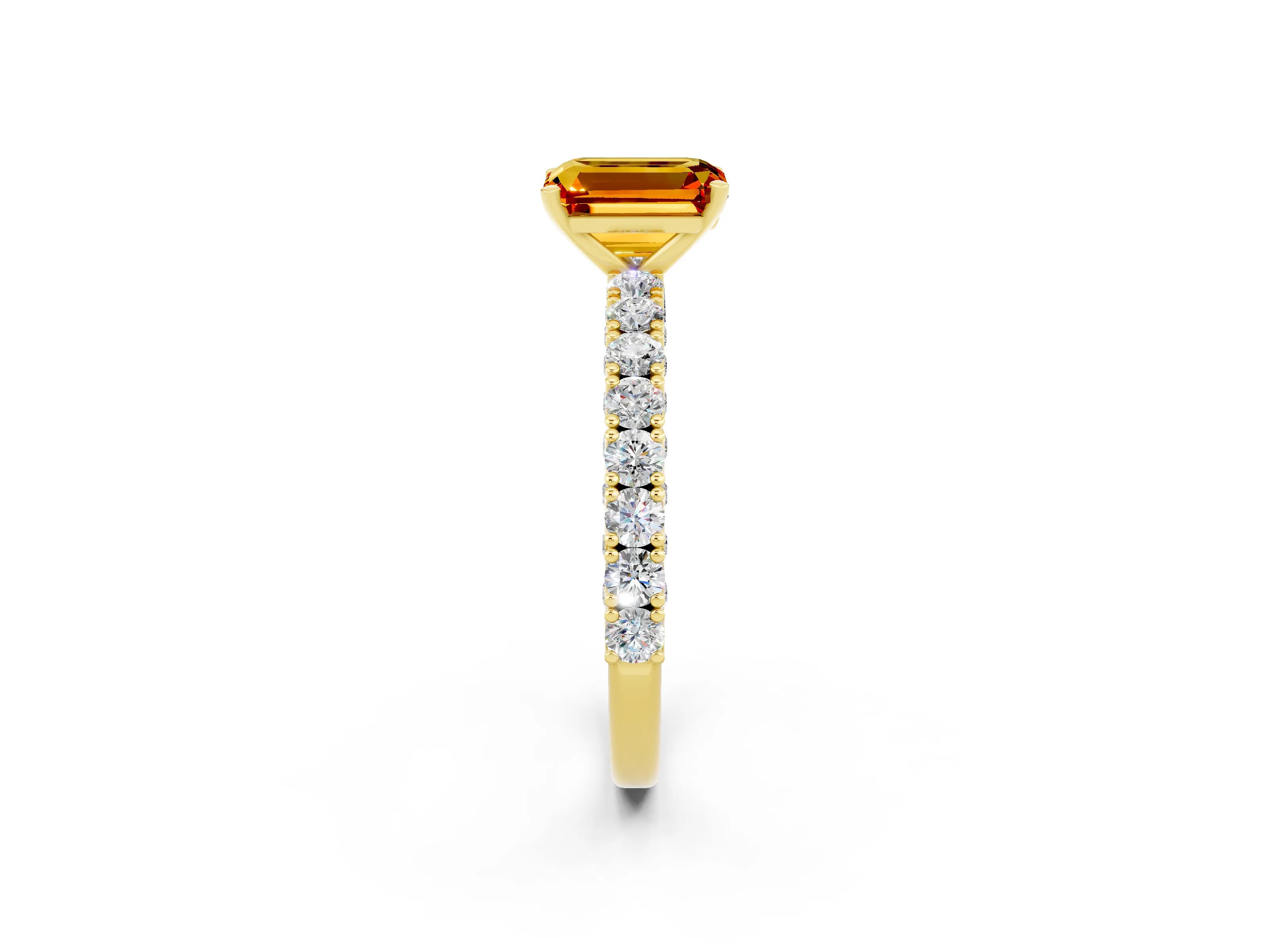Yellow gold Emerald Cut Diamond Pavé Band Solitaire Ring with Prong Setting_2