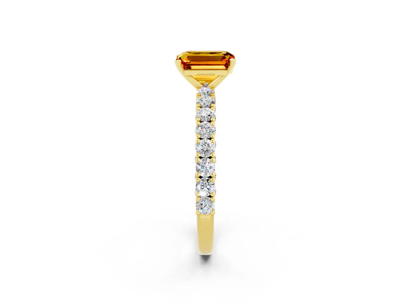 Yellow gold Emerald Cut Diamond Pavé Band Solitaire Ring with Prong Setting
