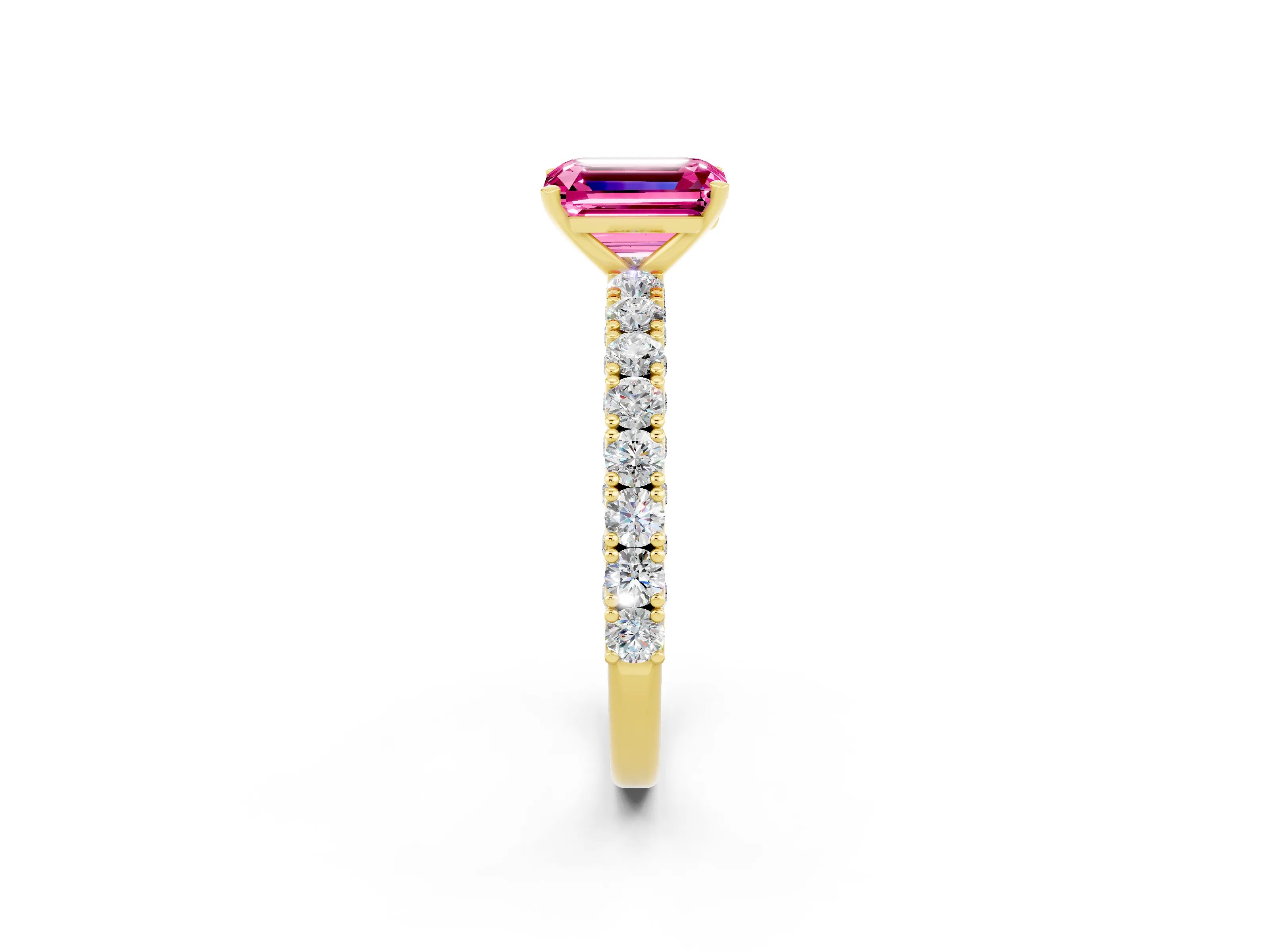 Yellow gold Emerald Cut Diamond Pavé Band Solitaire Ring with Prong Setting_2