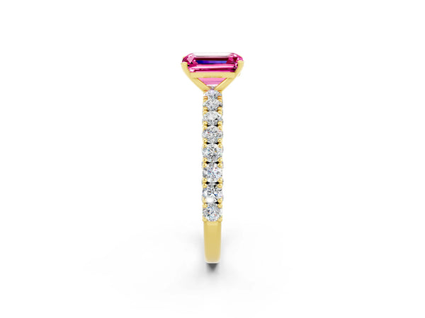 Yellow gold Emerald Cut Diamond Pavé Band Solitaire Ring with Prong Setting