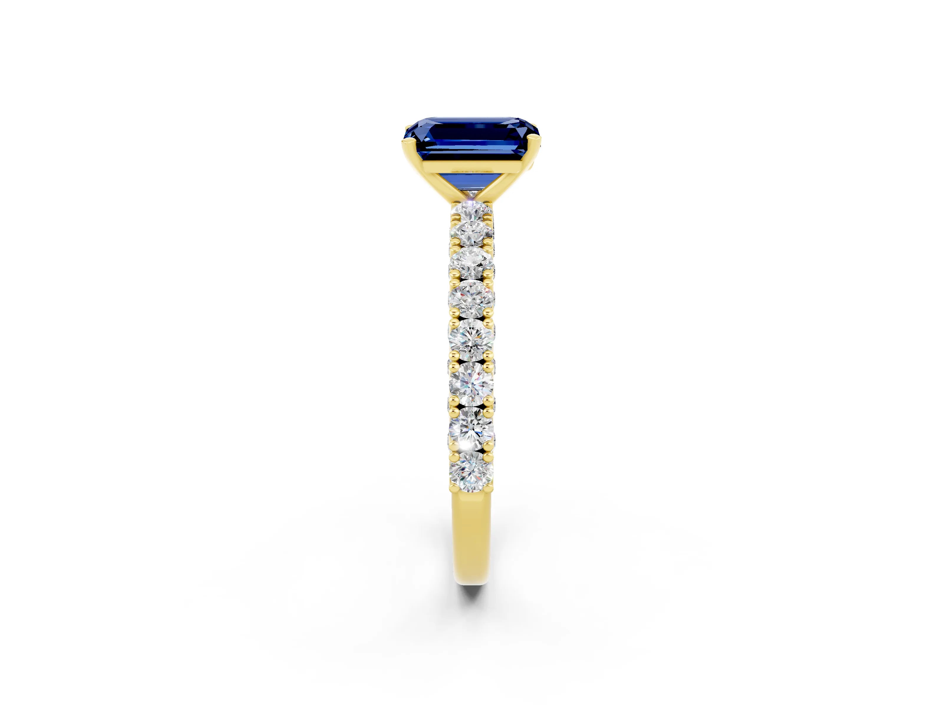 Yellow gold Emerald Cut Diamond Pavé Band Solitaire Ring with Prong Setting_2