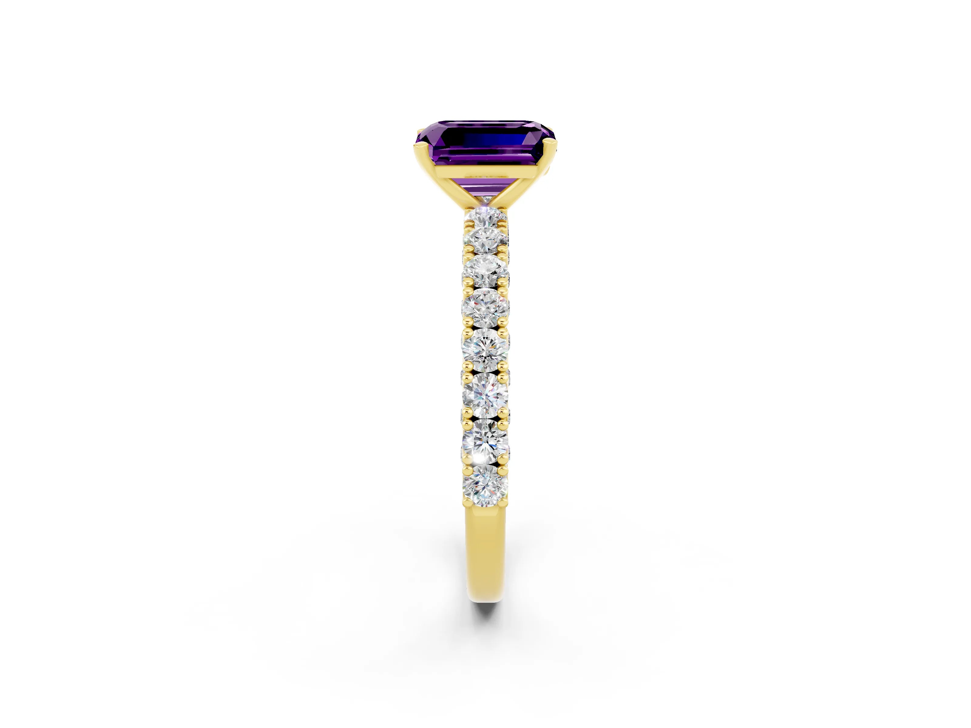 Yellow gold Emerald Cut Diamond Pavé Band Solitaire Ring with Prong Setting_2