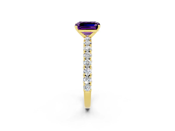 Yellow gold Emerald Cut Amethyst Solitaire Ring with Round Accent Pavé Band and Prong Setting