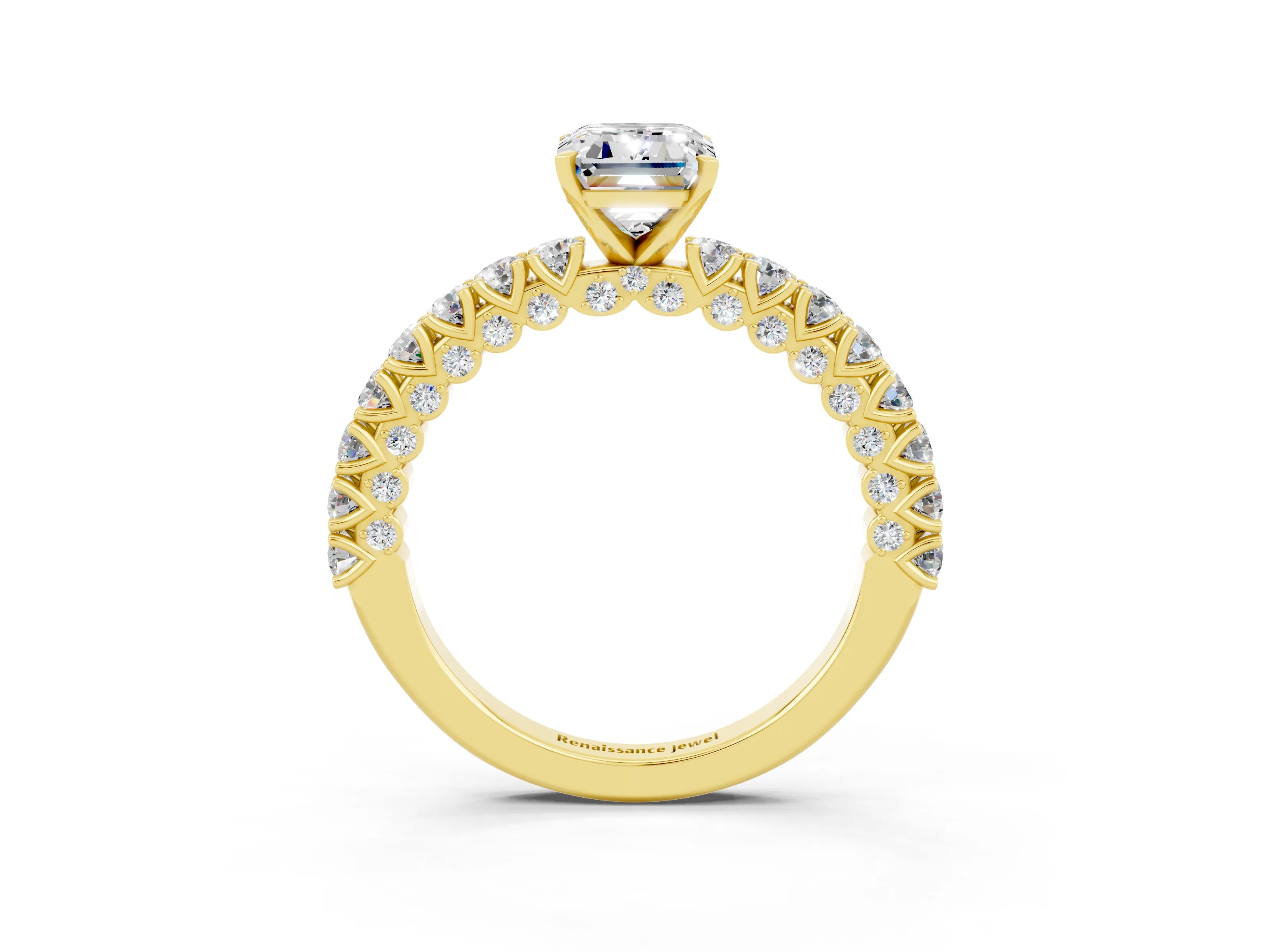 Yellow gold Emerald Cut Diamond Pavé Band Solitaire Ring with Prong Setting_3