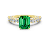 Yellow gold Emerald Cut Diamond Pavé Band Solitaire Ring with Prong Setting