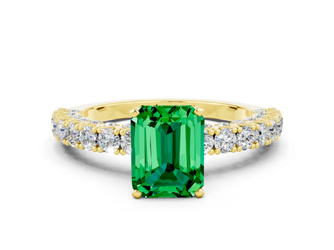Yellow gold Emerald Cut Diamond Pavé Band Solitaire Ring with Prong Setting