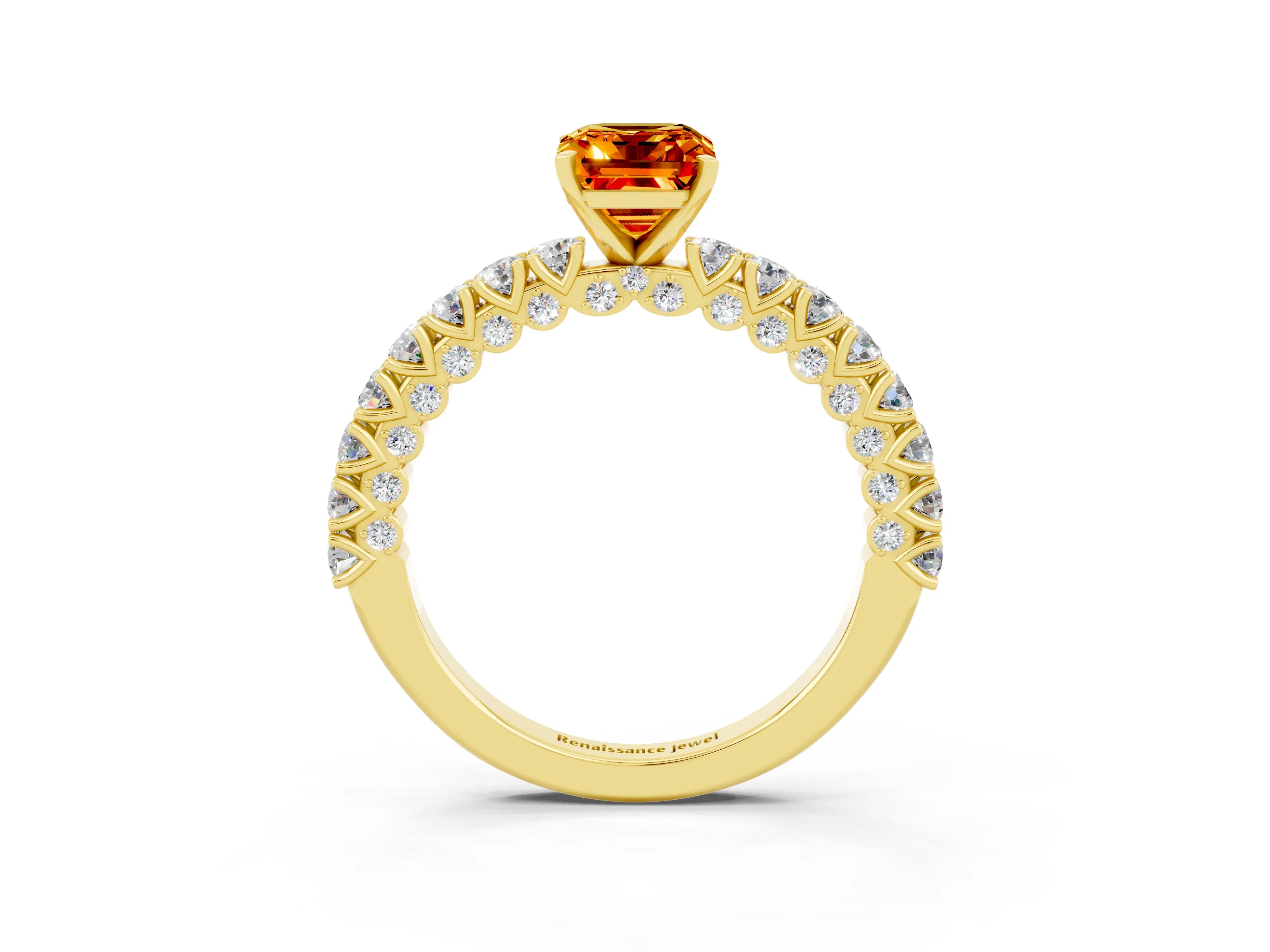 Yellow gold Emerald Cut Diamond Pavé Band Solitaire Ring with Prong Setting_3
