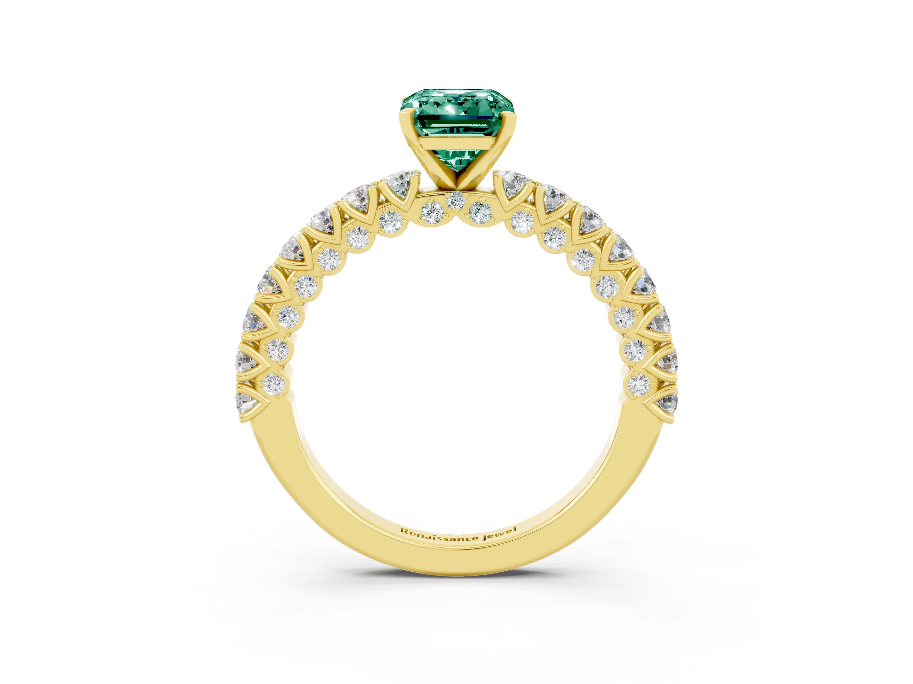 Yellow gold Emerald Cut Diamond Pavé Band Solitaire Ring with Prong Setting_3