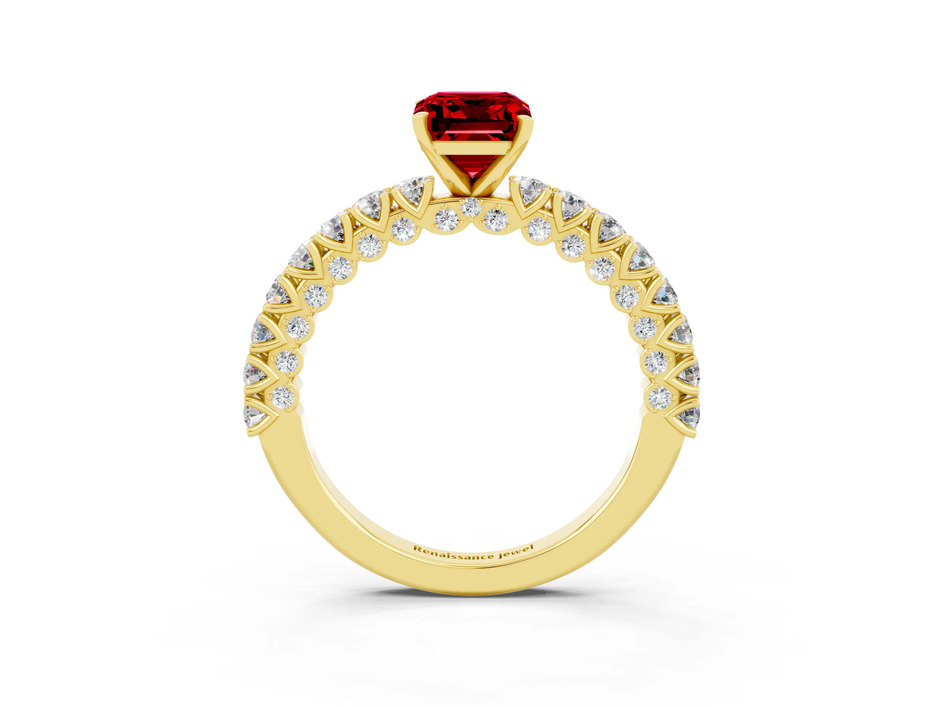 Yellow gold Emerald Cut Diamond Pavé Band Solitaire Ring with Prong Setting_3