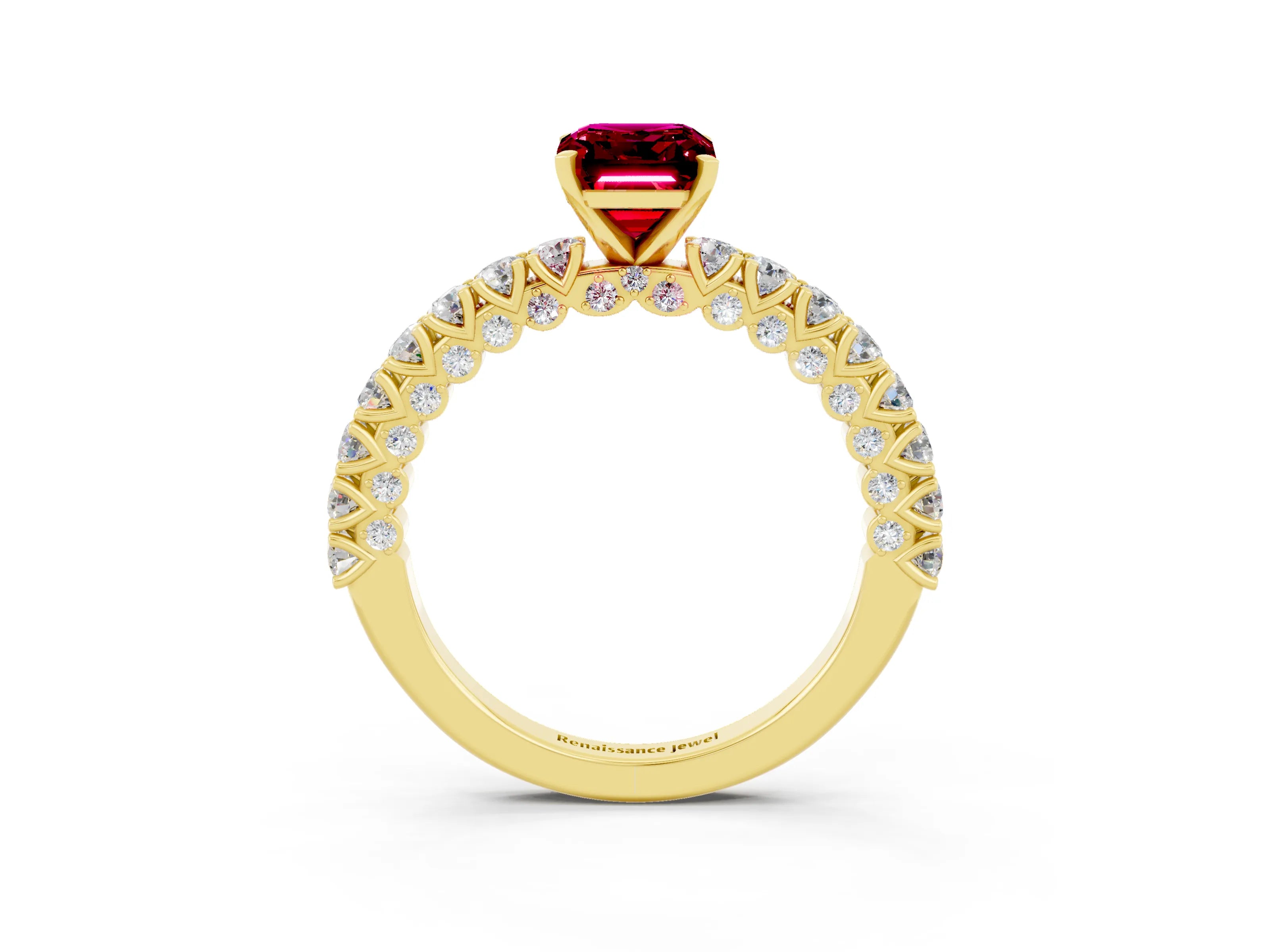Yellow gold Emerald Cut Diamond Pavé Band Solitaire Ring with Prong Setting_3