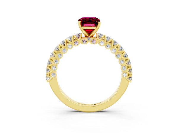 Yellow gold Emerald Cut Diamond Pavé Band Solitaire Ring with Prong Setting