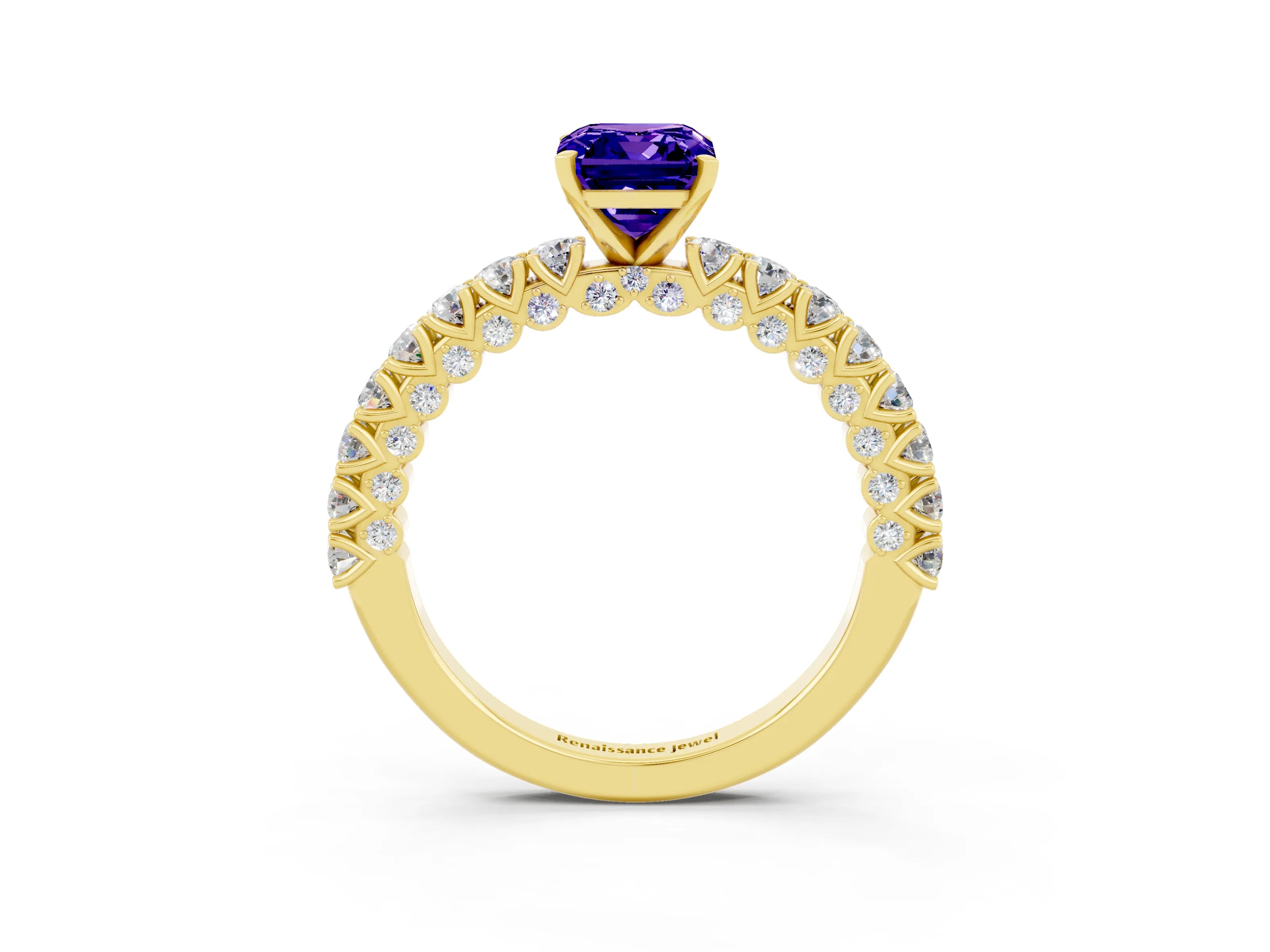 Yellow gold Emerald Cut Diamond Pavé Band Solitaire Ring with Prong Setting_3