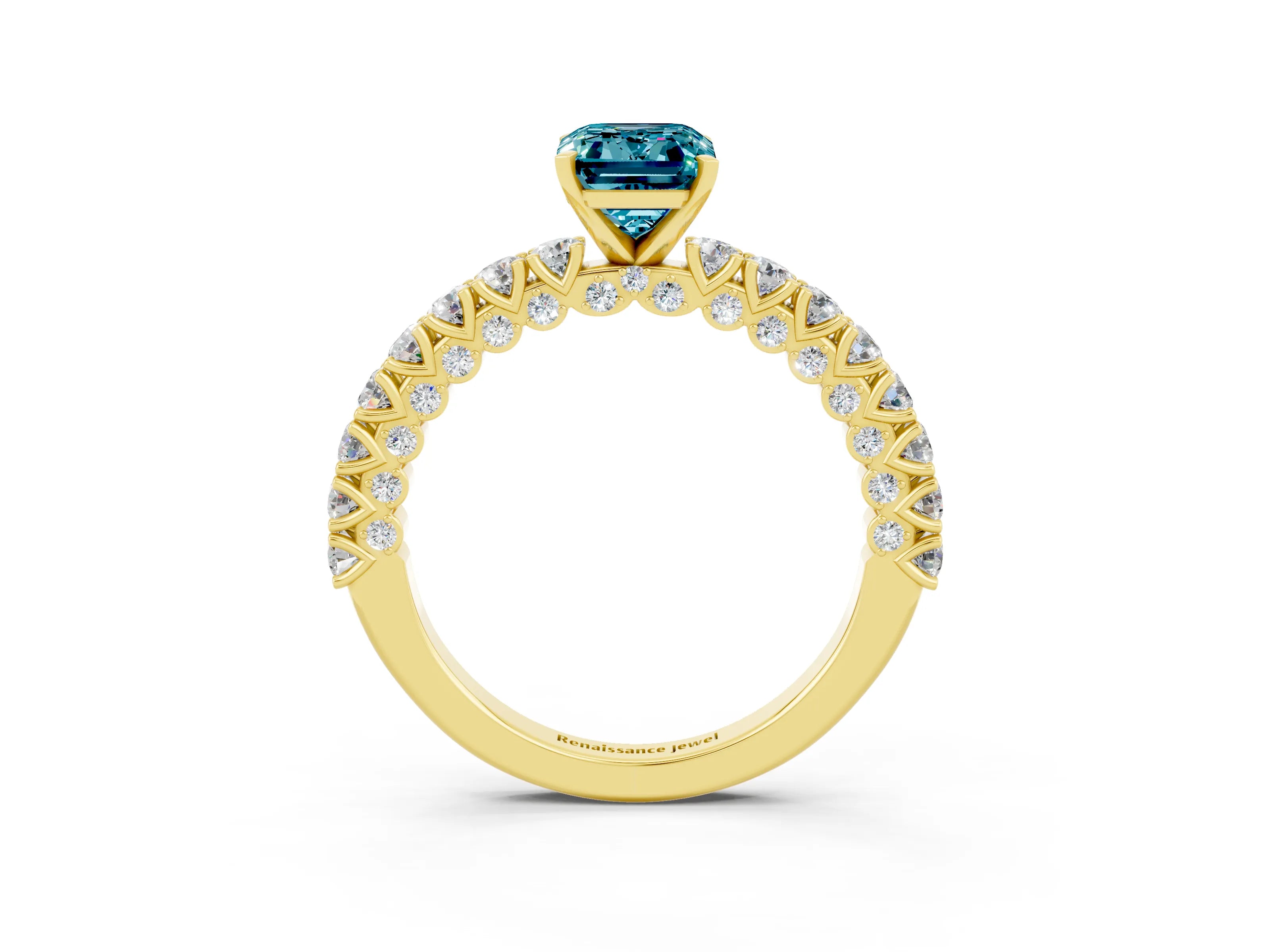 Yellow gold Emerald Cut Diamond Pavé Band Solitaire Ring with Prong Setting_3