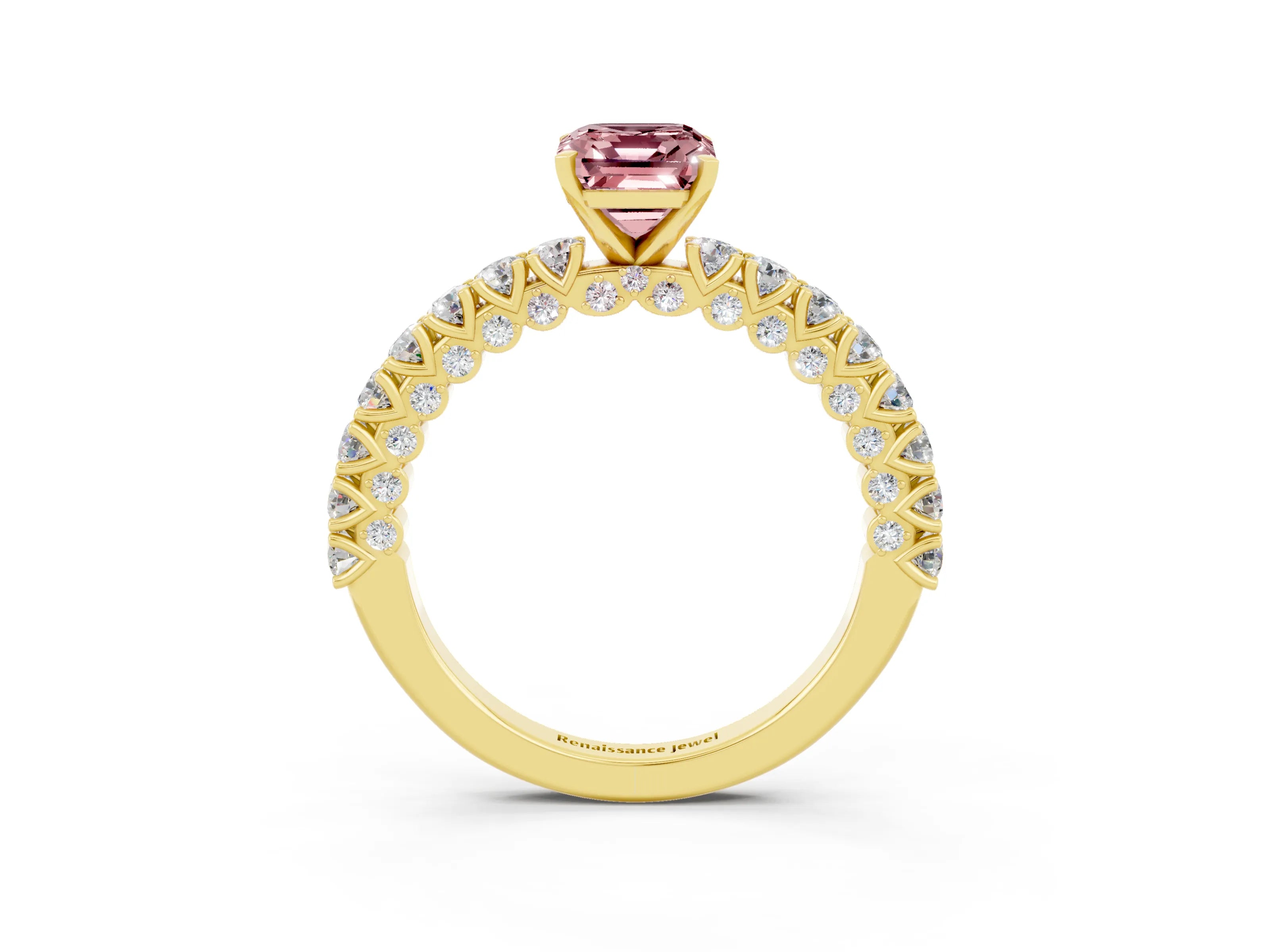 Yellow gold Emerald Cut Diamond Pavé Band Solitaire Ring with Prong Setting_3