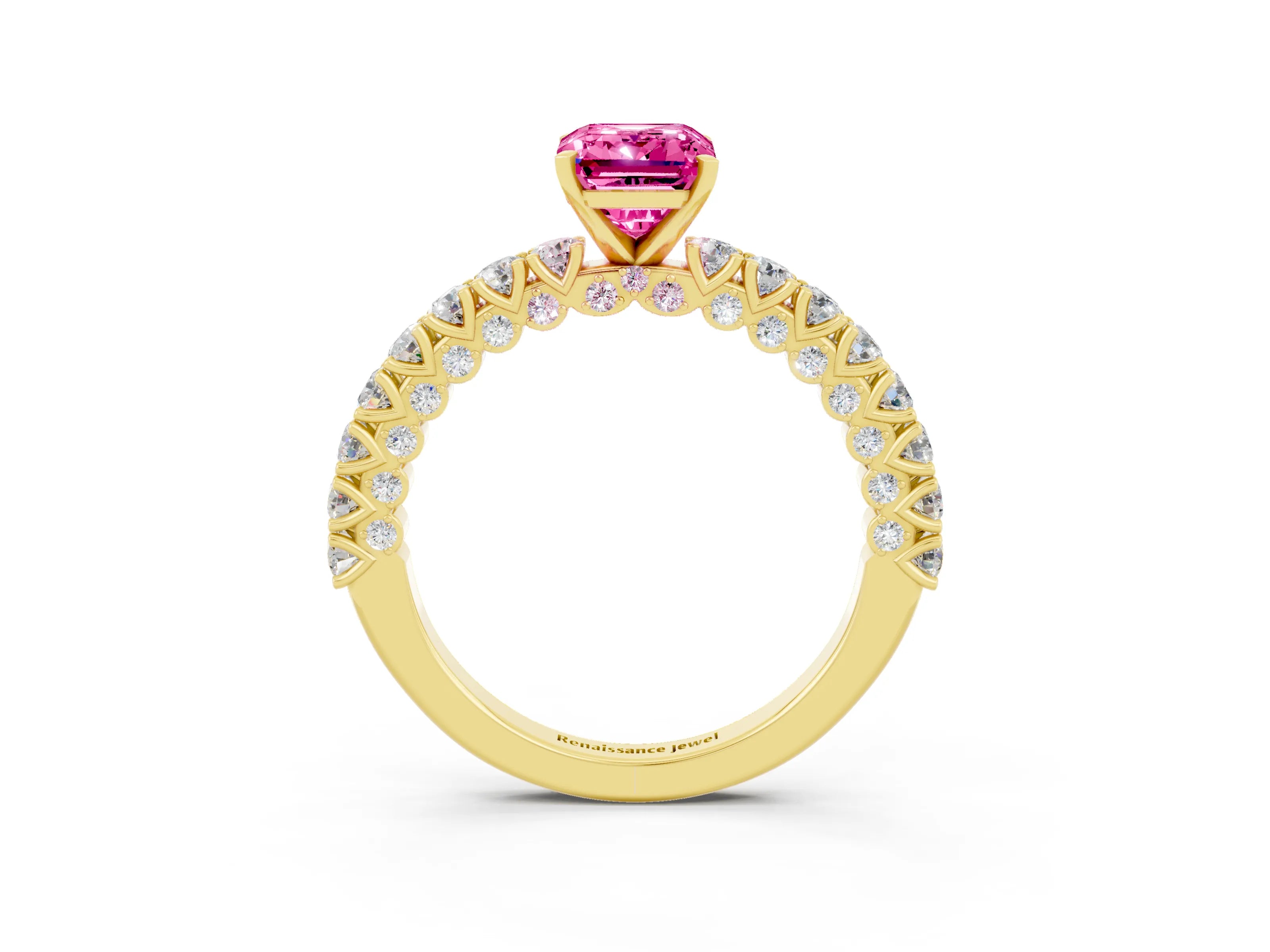 Yellow gold Emerald Cut Diamond Pavé Band Solitaire Ring with Prong Setting_3