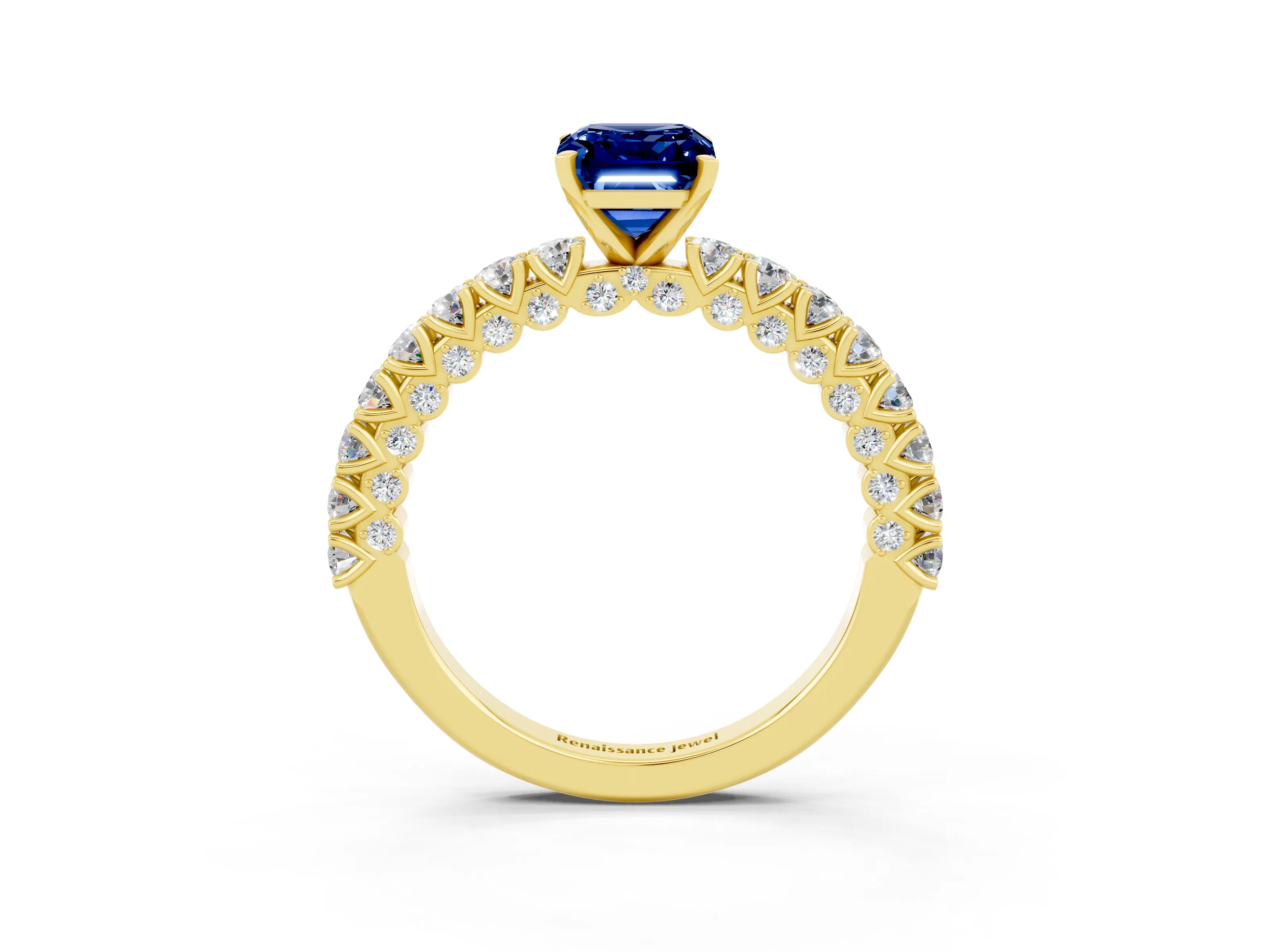 Yellow gold Emerald Cut Diamond Pavé Band Solitaire Ring with Prong Setting_3