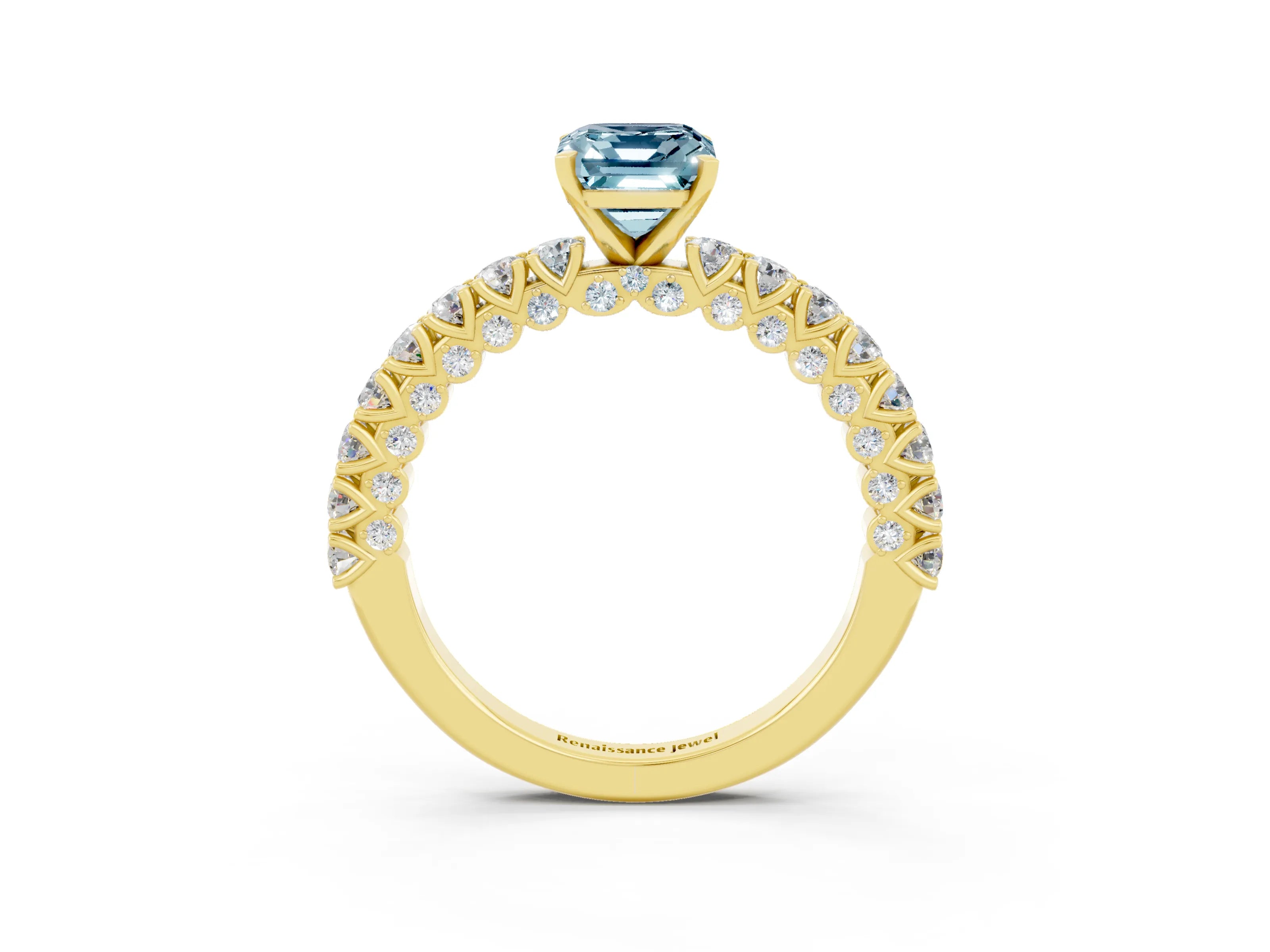 Yellow gold Emerald Cut Diamond Pavé Band Solitaire Ring with Prong Setting_3