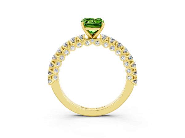 Yellow gold Emerald Cut Diamond Pavé Band Solitaire Ring with Prong Setting