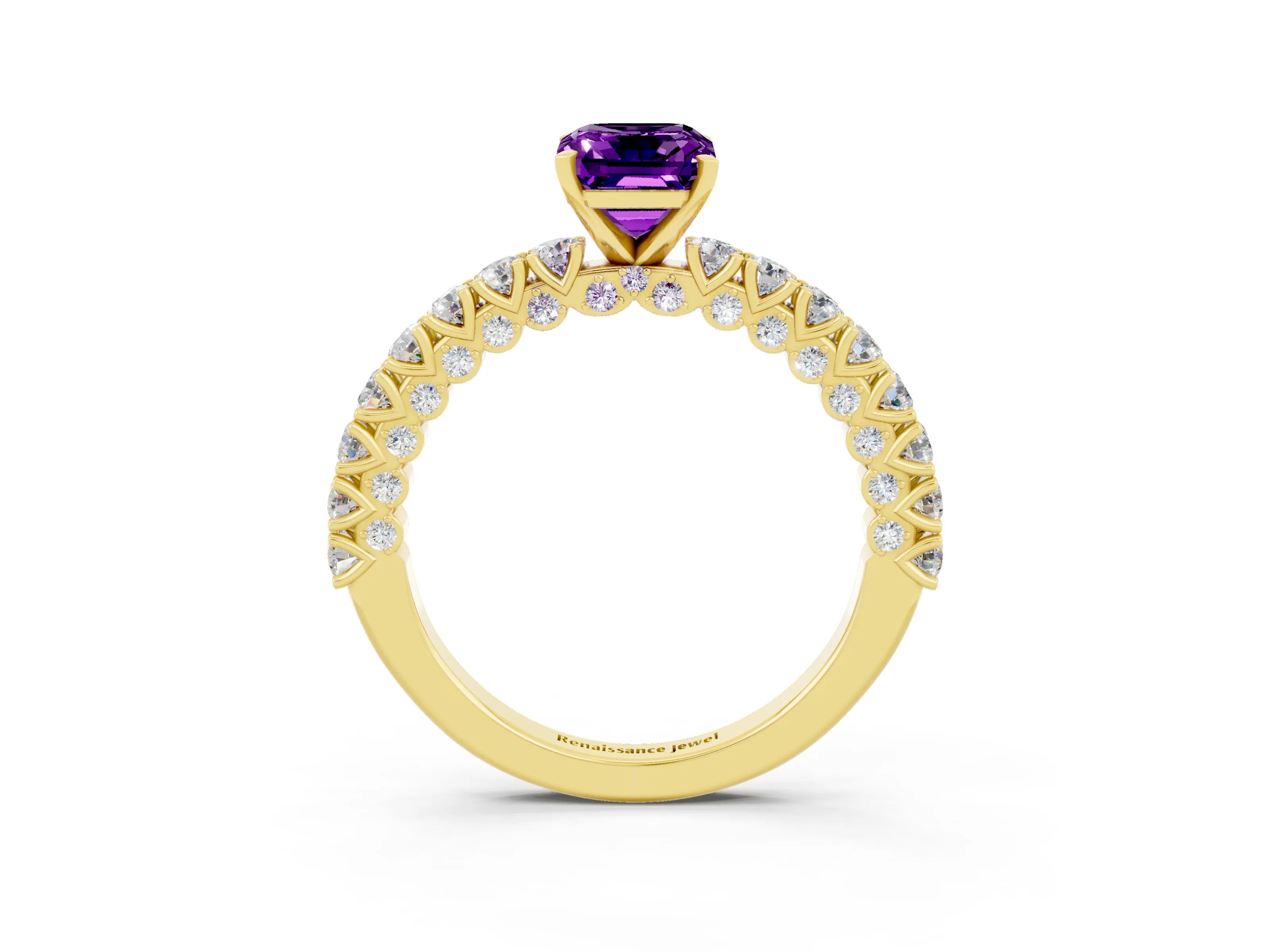 Yellow gold Emerald Cut Diamond Pavé Band Solitaire Ring with Prong Setting_3