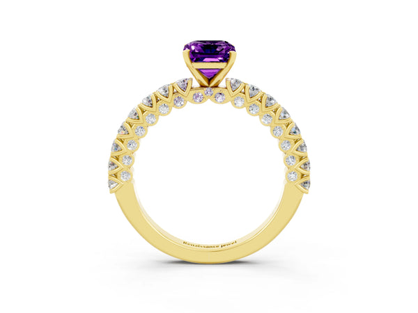 Yellow gold Emerald Cut Amethyst Solitaire Ring with Round Accent Pavé Band and Prong Setting