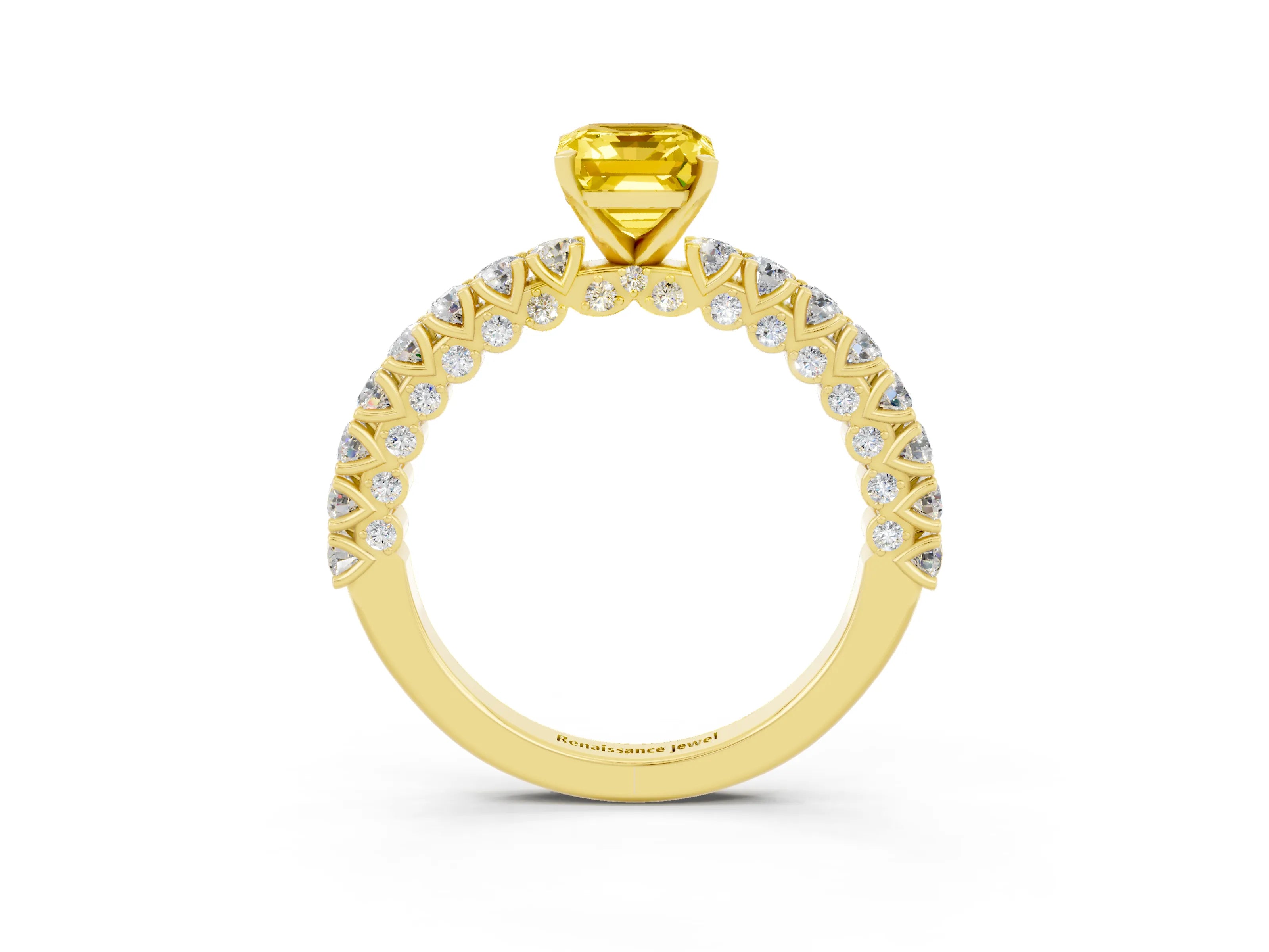 Yellow gold Emerald Cut Diamond Pavé Band Solitaire Ring with Prong Setting_3
