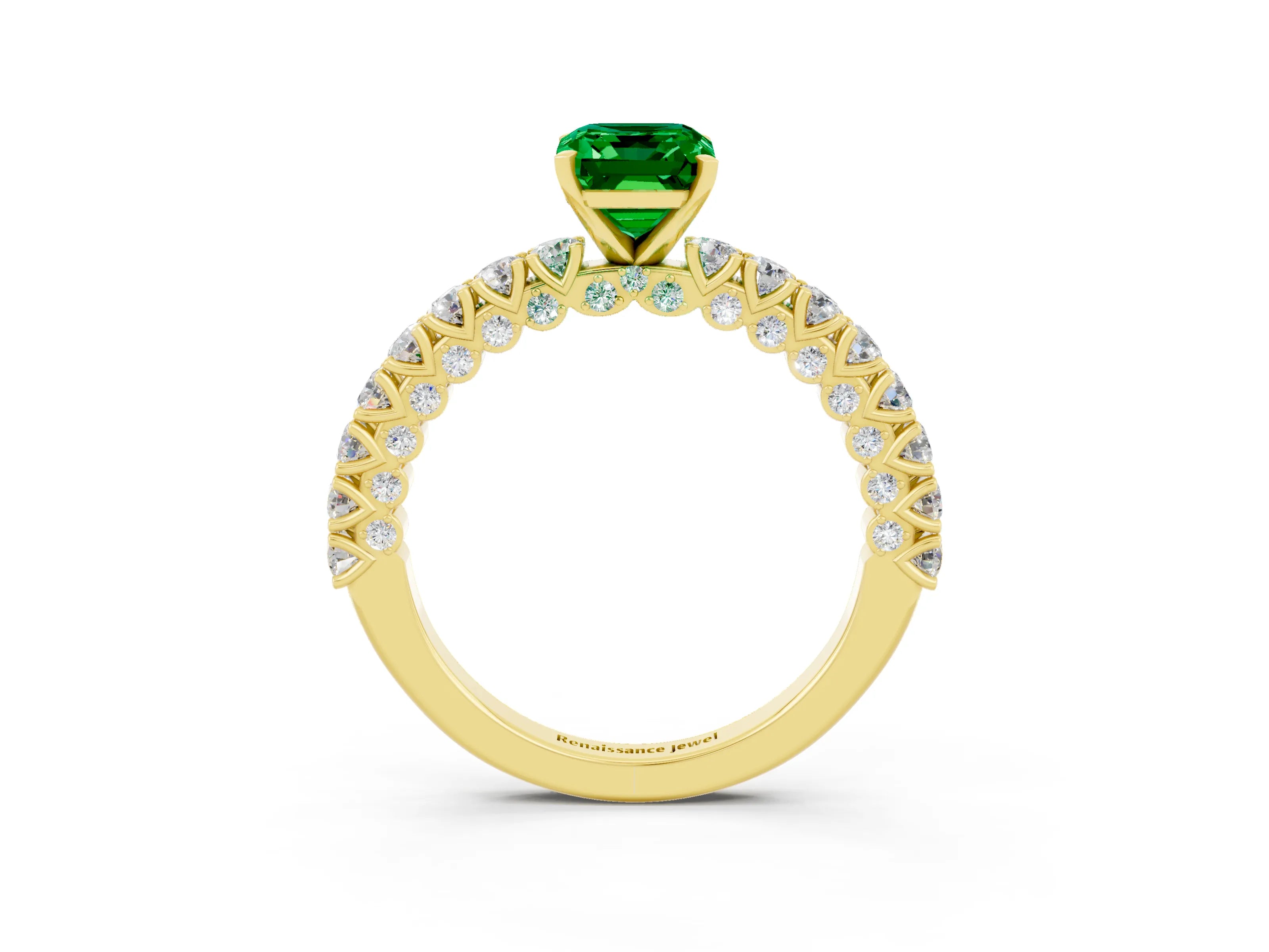 Yellow gold Emerald Cut Diamond Pavé Band Solitaire Ring with Prong Setting_3