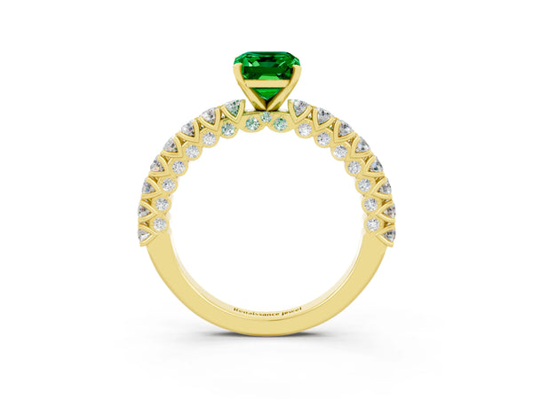 Yellow gold Emerald Cut Diamond Pavé Band Solitaire Ring with Prong Setting