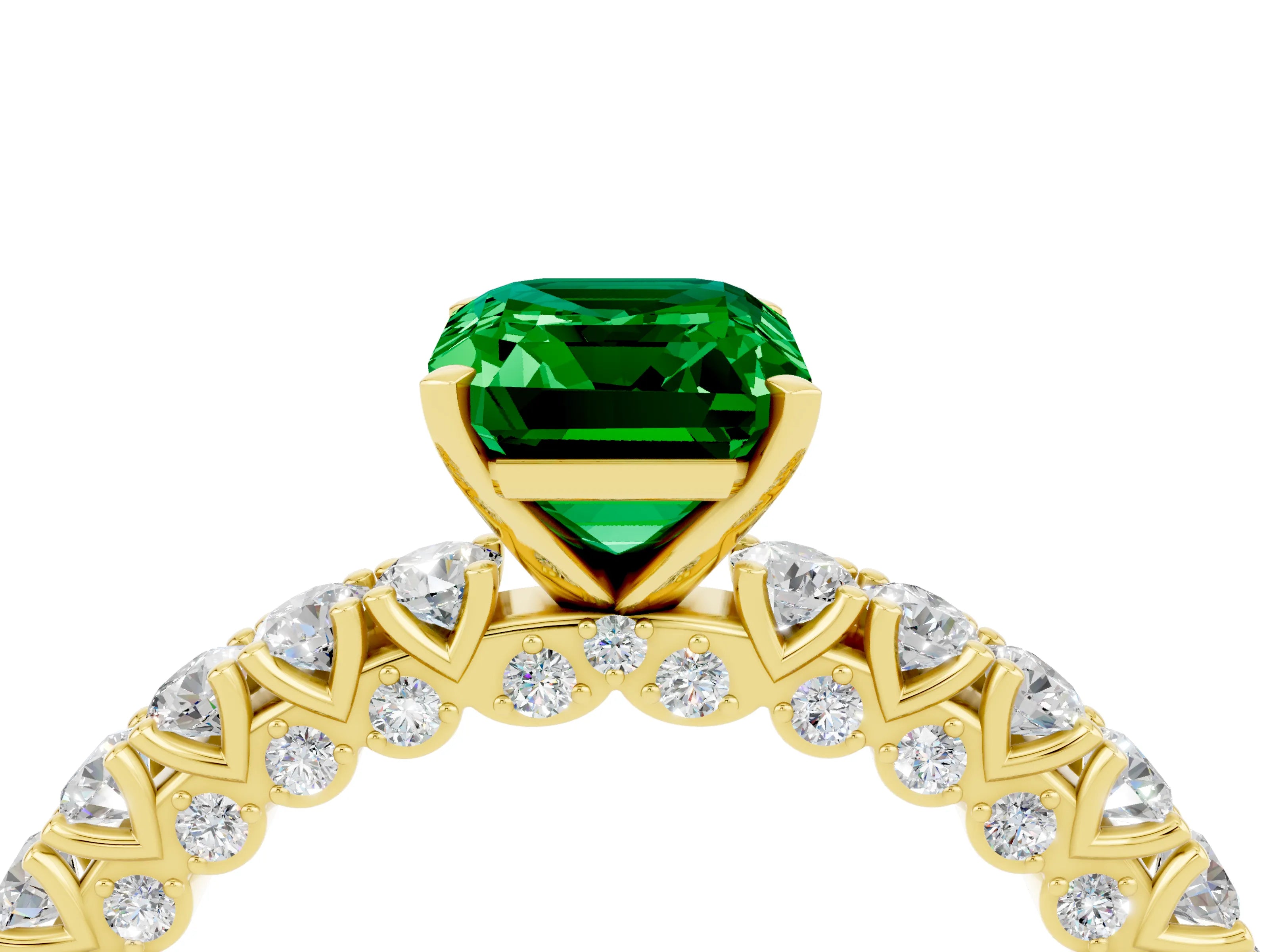 Yellow gold Emerald Cut Diamond Pavé Band Solitaire Ring with Prong Setting_4