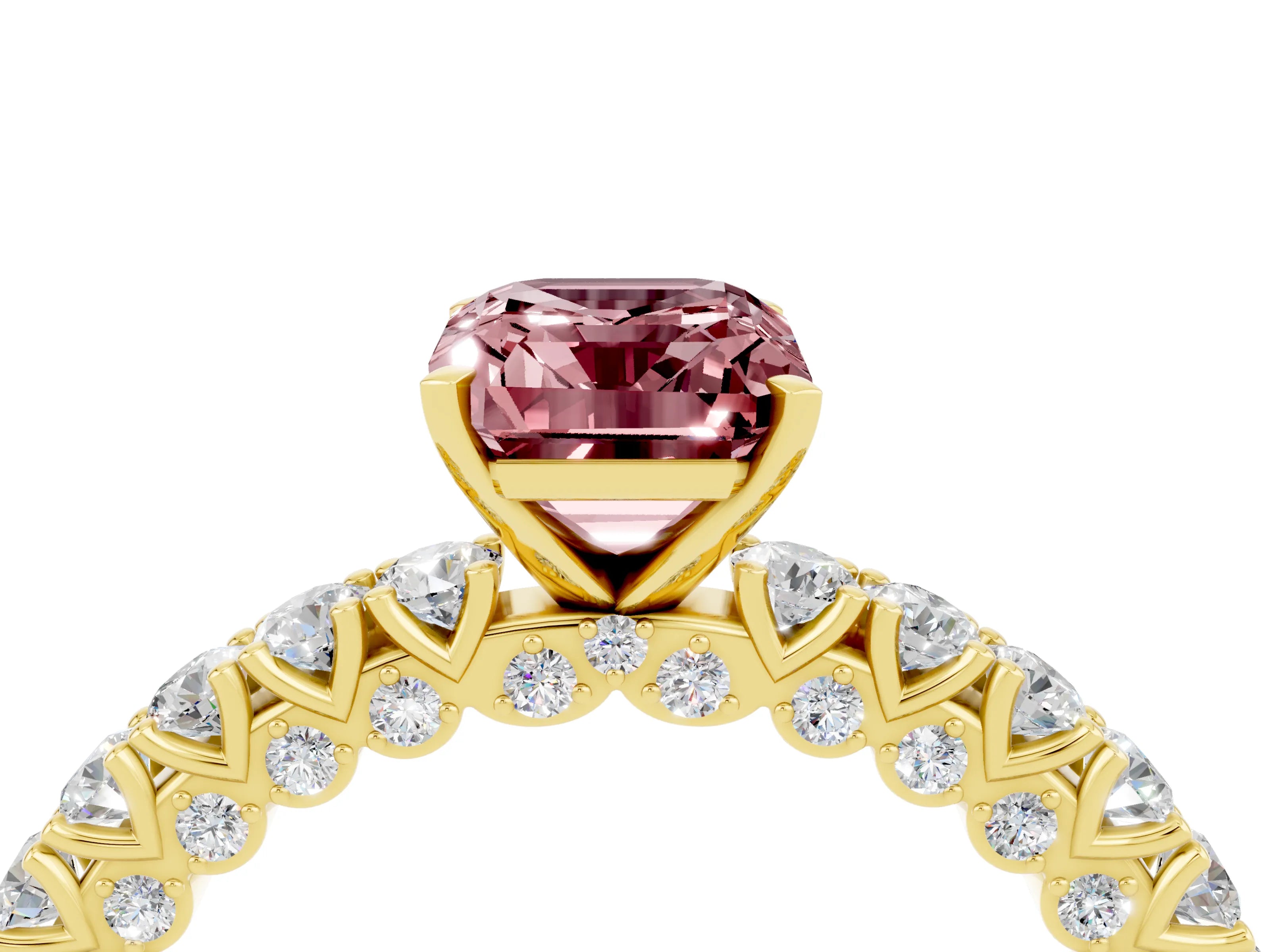 Yellow gold Emerald Cut Diamond Pavé Band Solitaire Ring with Prong Setting_4