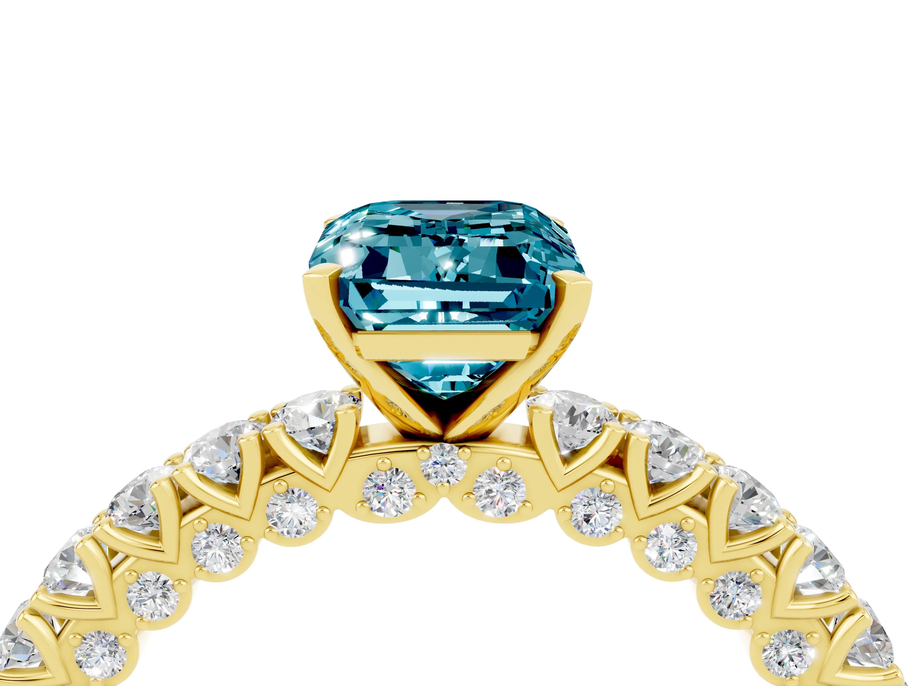 Yellow gold Emerald Cut Diamond Pavé Band Solitaire Ring with Prong Setting_4