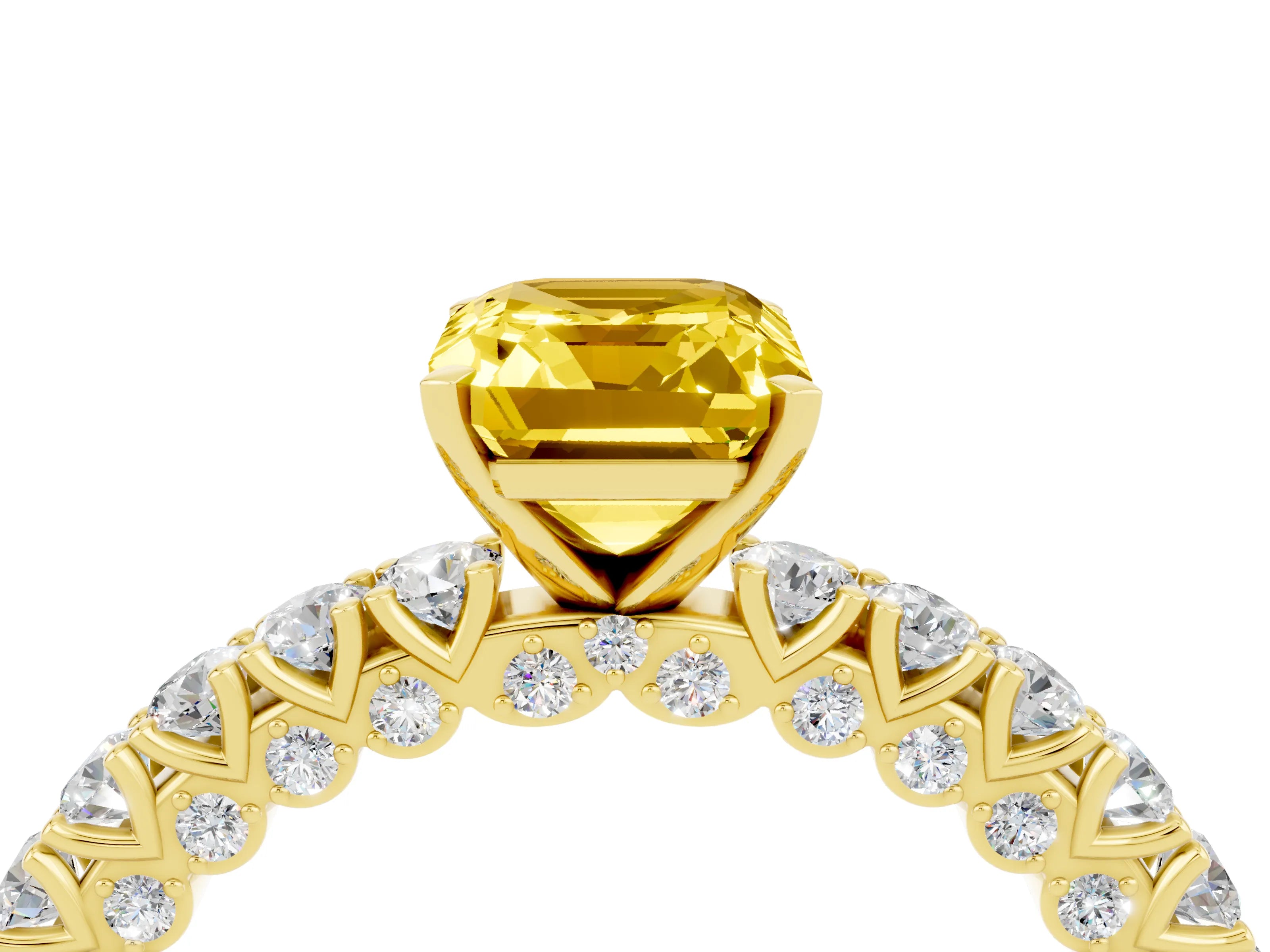 Yellow gold Emerald Cut Diamond Pavé Band Solitaire Ring with Prong Setting_4