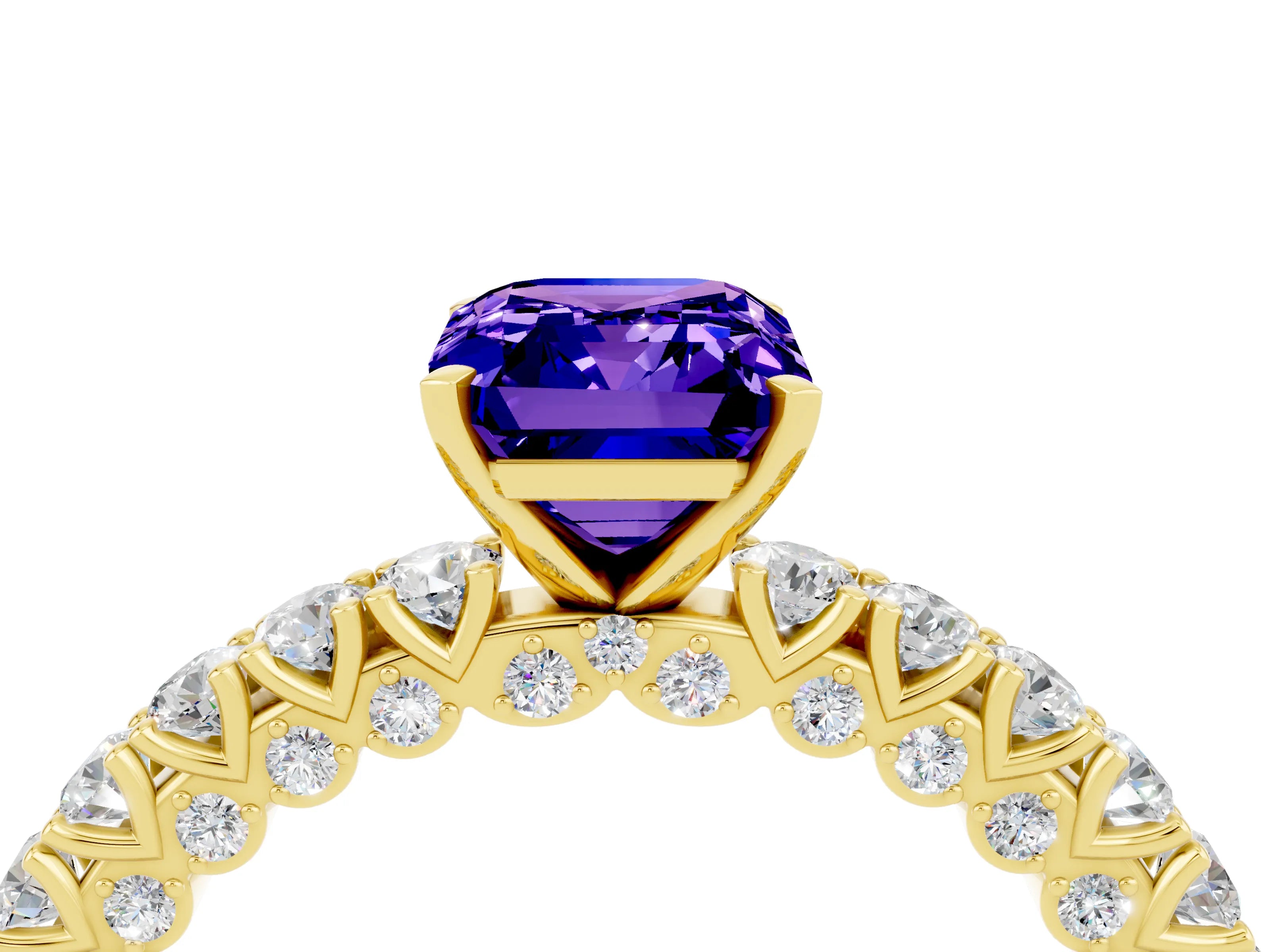 Yellow gold Emerald Cut Diamond Pavé Band Solitaire Ring with Prong Setting_4