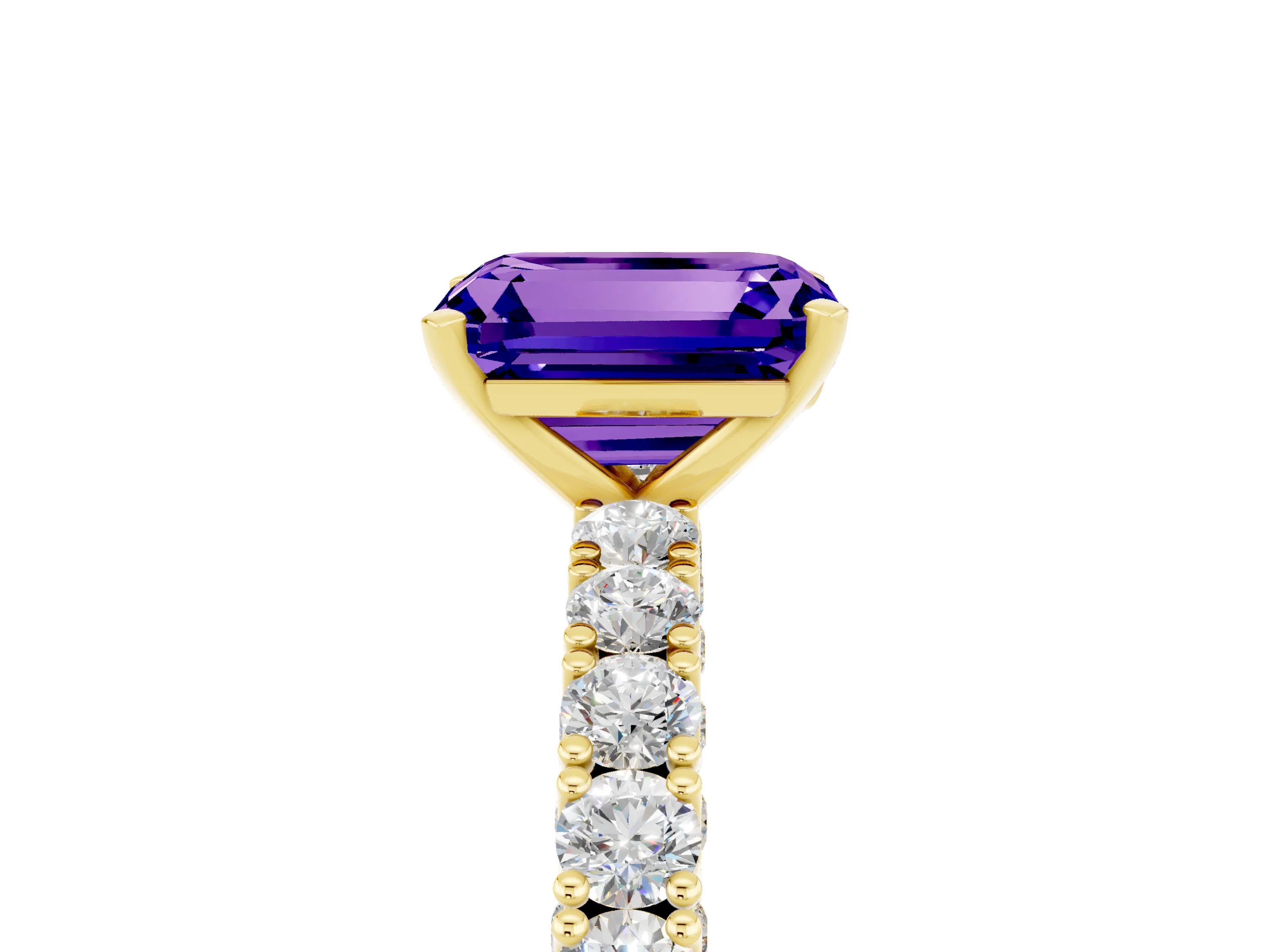 Yellow gold Emerald Cut Diamond Pavé Band Solitaire Ring with Prong Setting_5