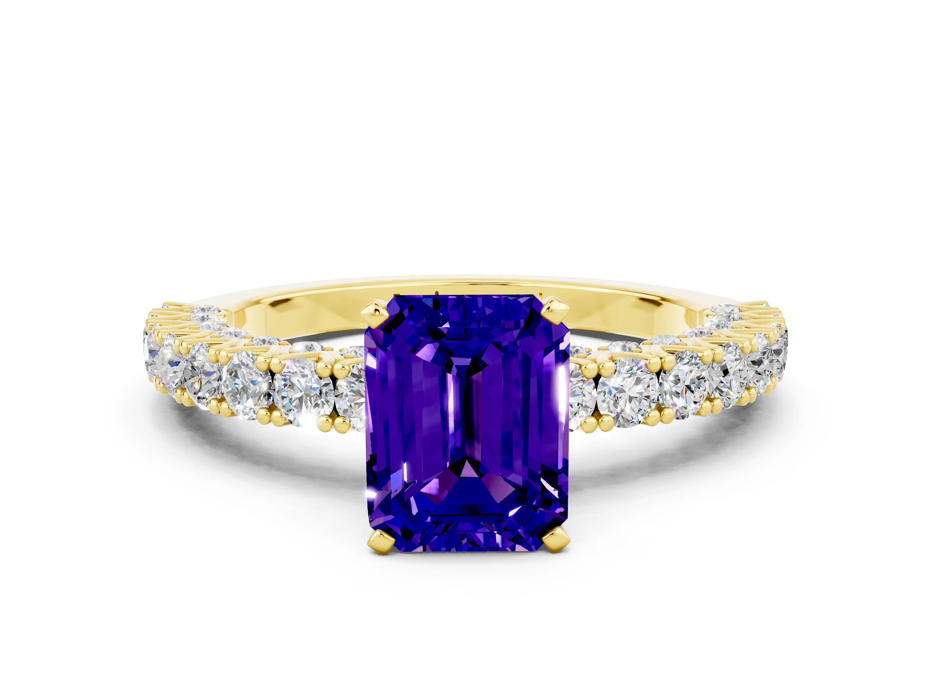 Yellow gold Emerald Cut Diamond Pavé Band Solitaire Ring with Prong Setting