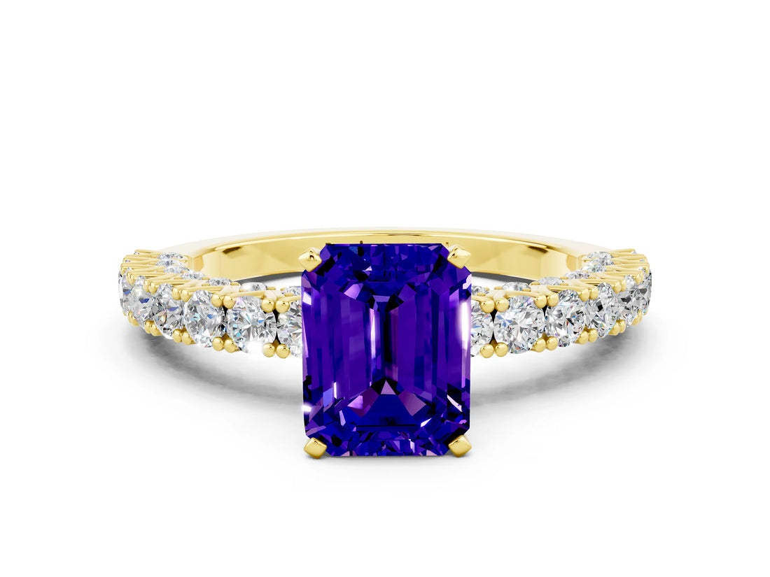 Yellow gold Emerald Cut Diamond Pavé Band Solitaire Ring with Prong Setting
