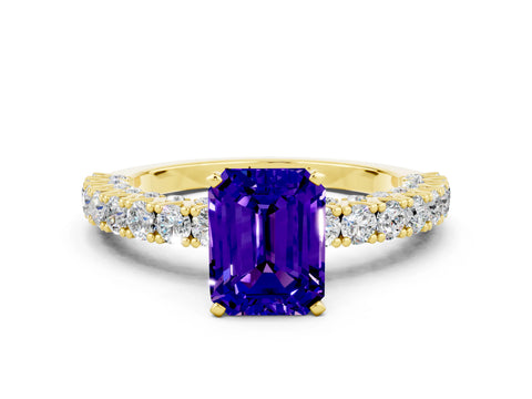Yellow gold Emerald Cut Diamond Pavé Band Solitaire Ring with Prong Setting