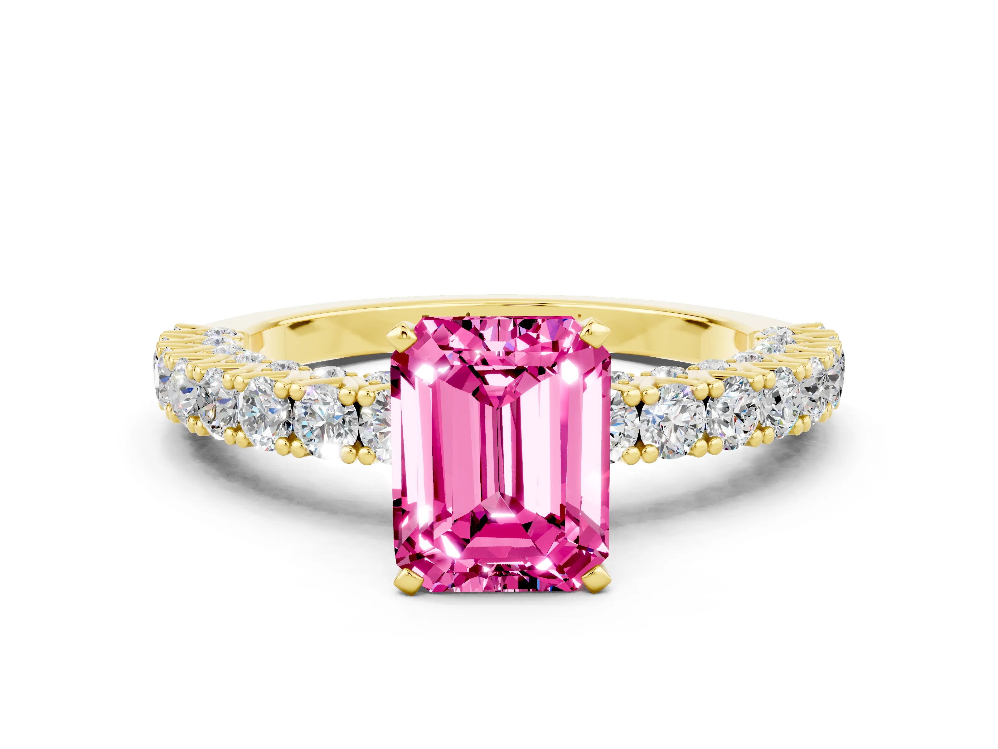 Yellow gold Emerald Cut Diamond Pavé Band Solitaire Ring with Prong Setting