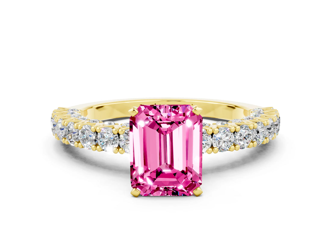 Yellow gold Emerald Cut Diamond Pavé Band Solitaire Ring with Prong Setting